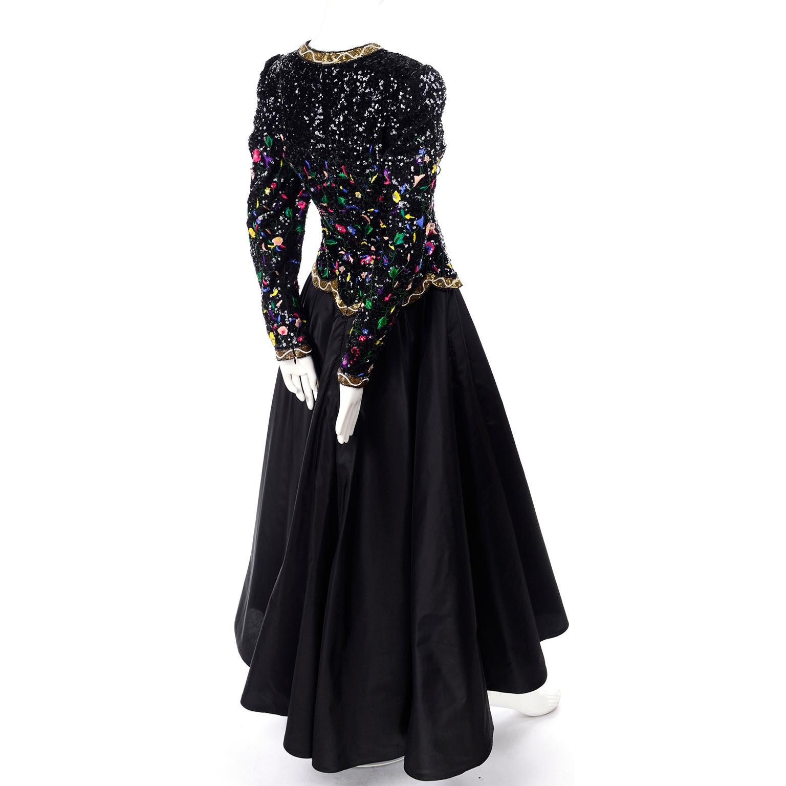 Black Richilene Vintage Evening Dress W Embroidered & Beaded Sequin Bodice