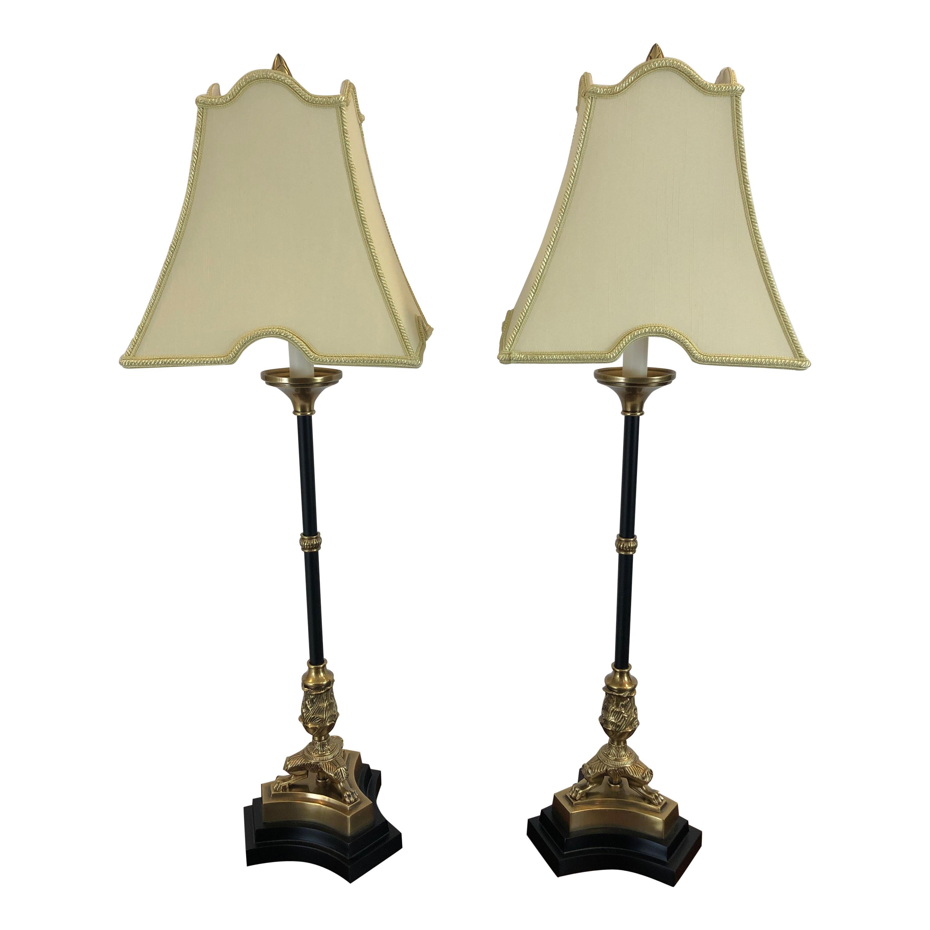 Richly Adorned Pair of Regency Style Black and Gold Table Lamps