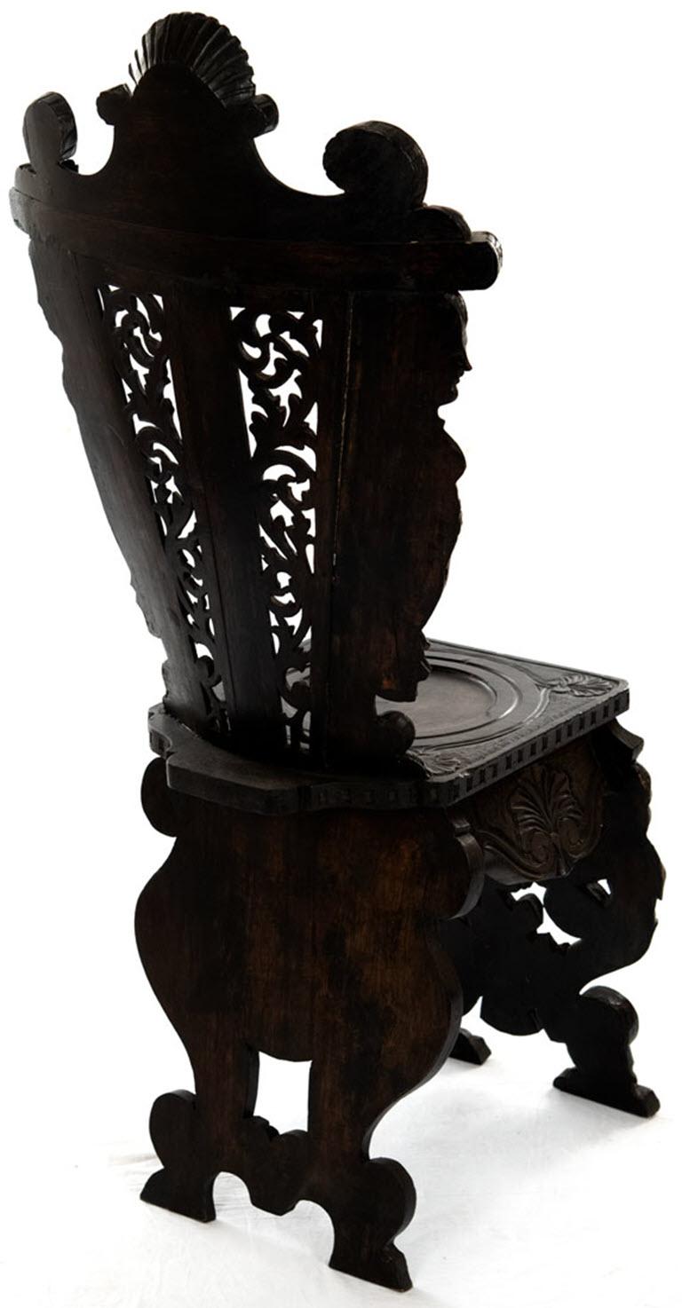 Walnut Richly Carved 19th Century Italian Sgabello Chair, circa 1870