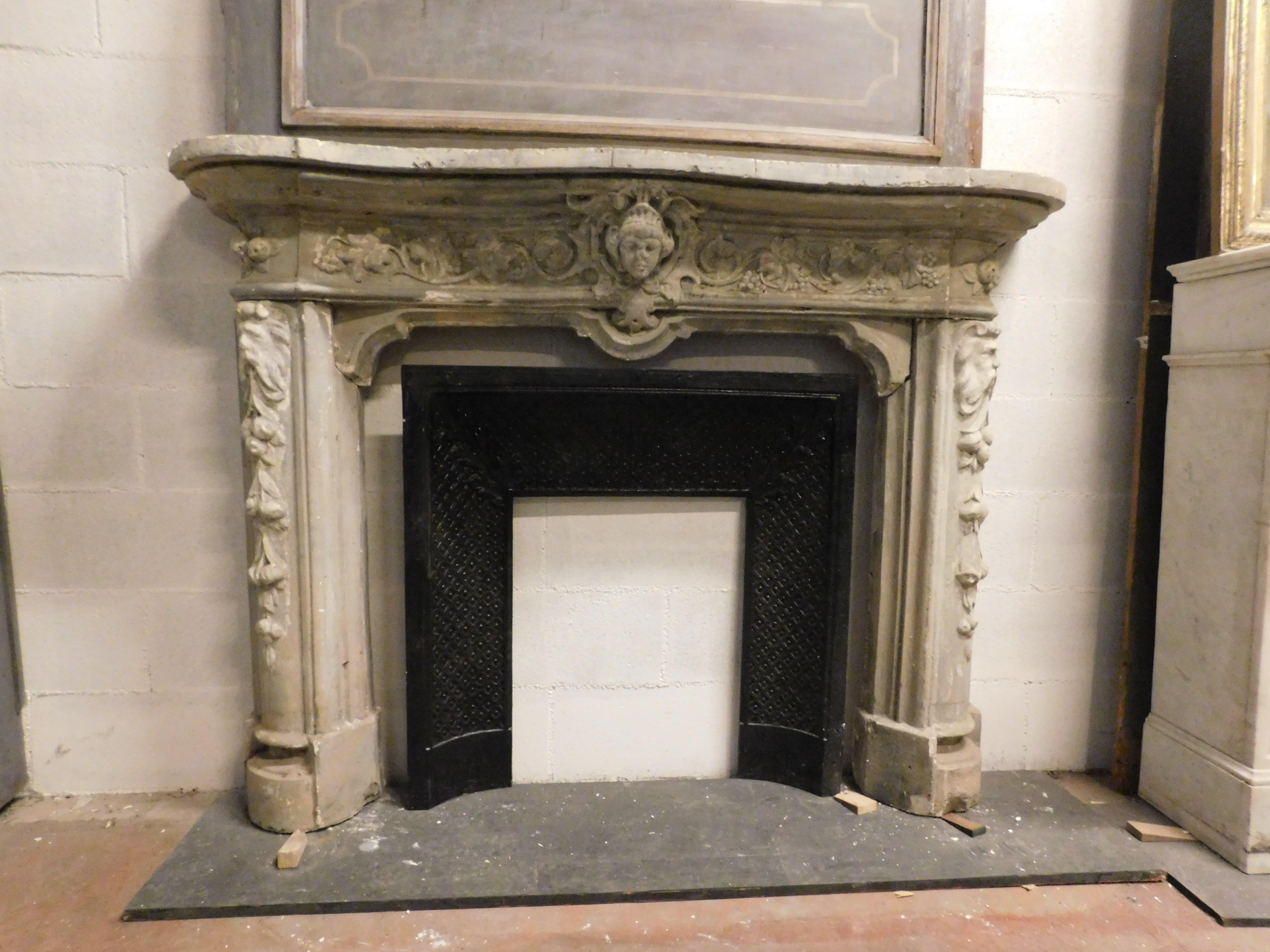 Italian Richly carved concrete fireplace mantle frame, Italy