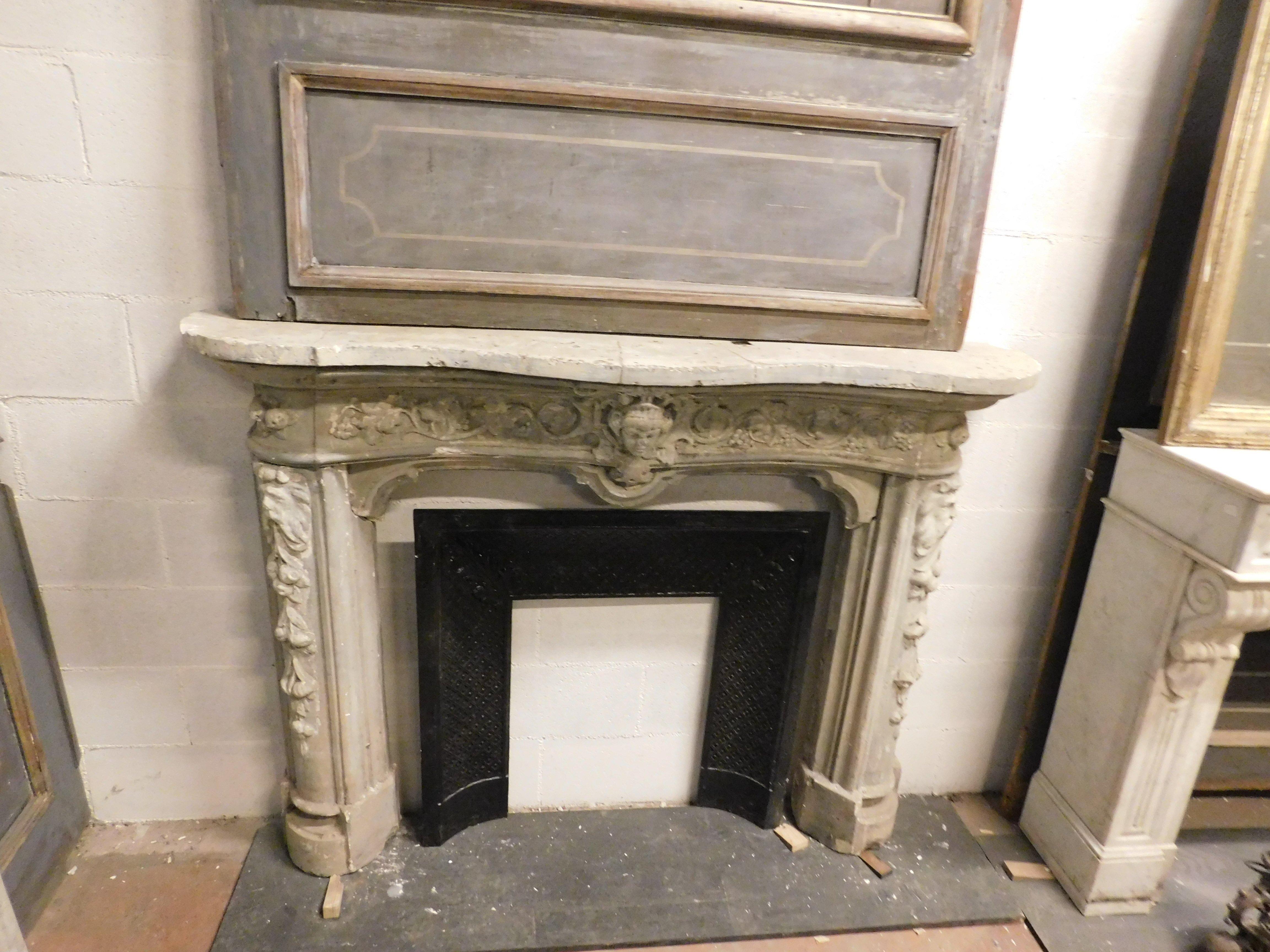 Carved Richly carved concrete fireplace mantle frame, Italy