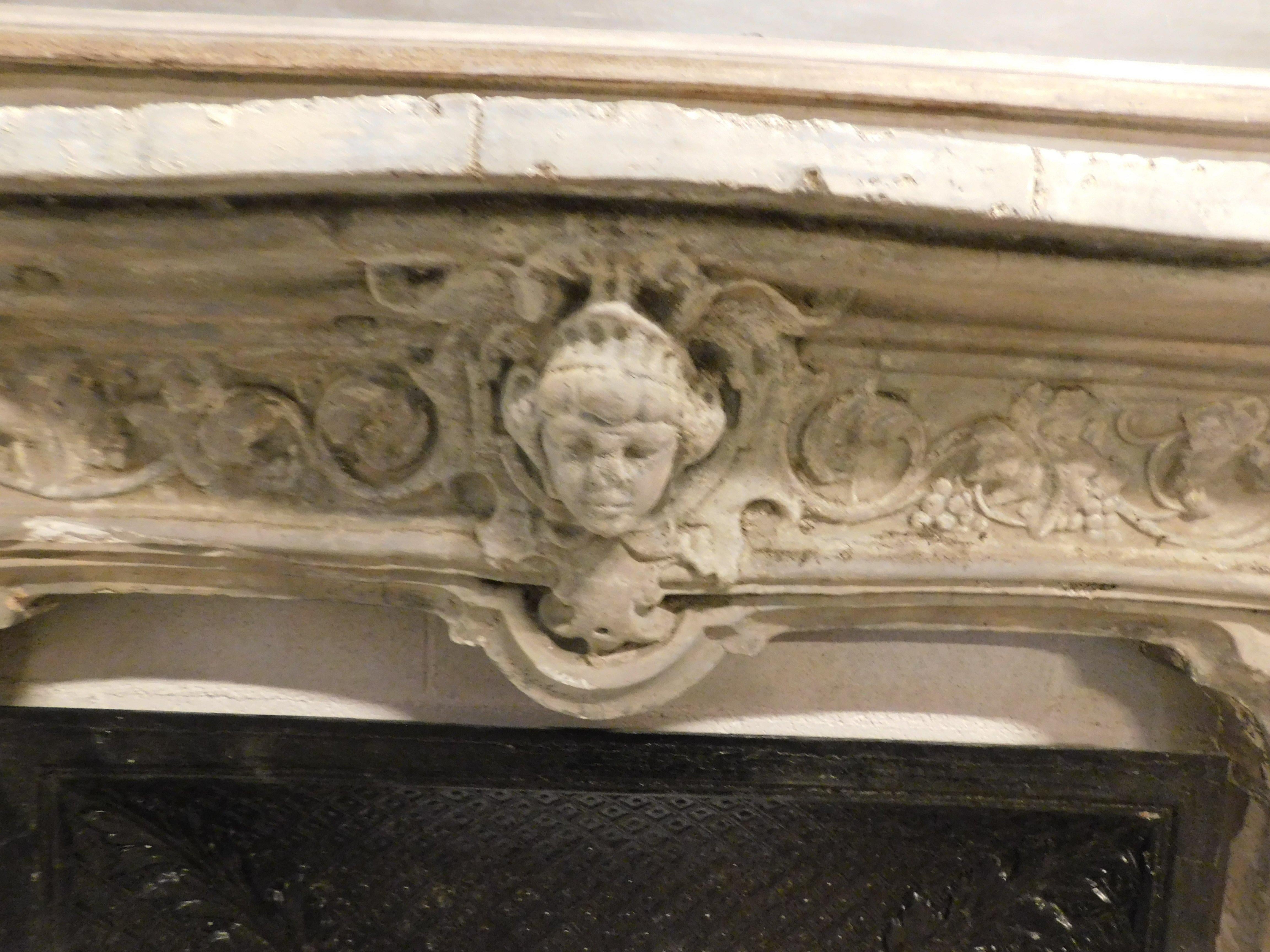 20th Century Richly carved concrete fireplace mantle frame, Italy