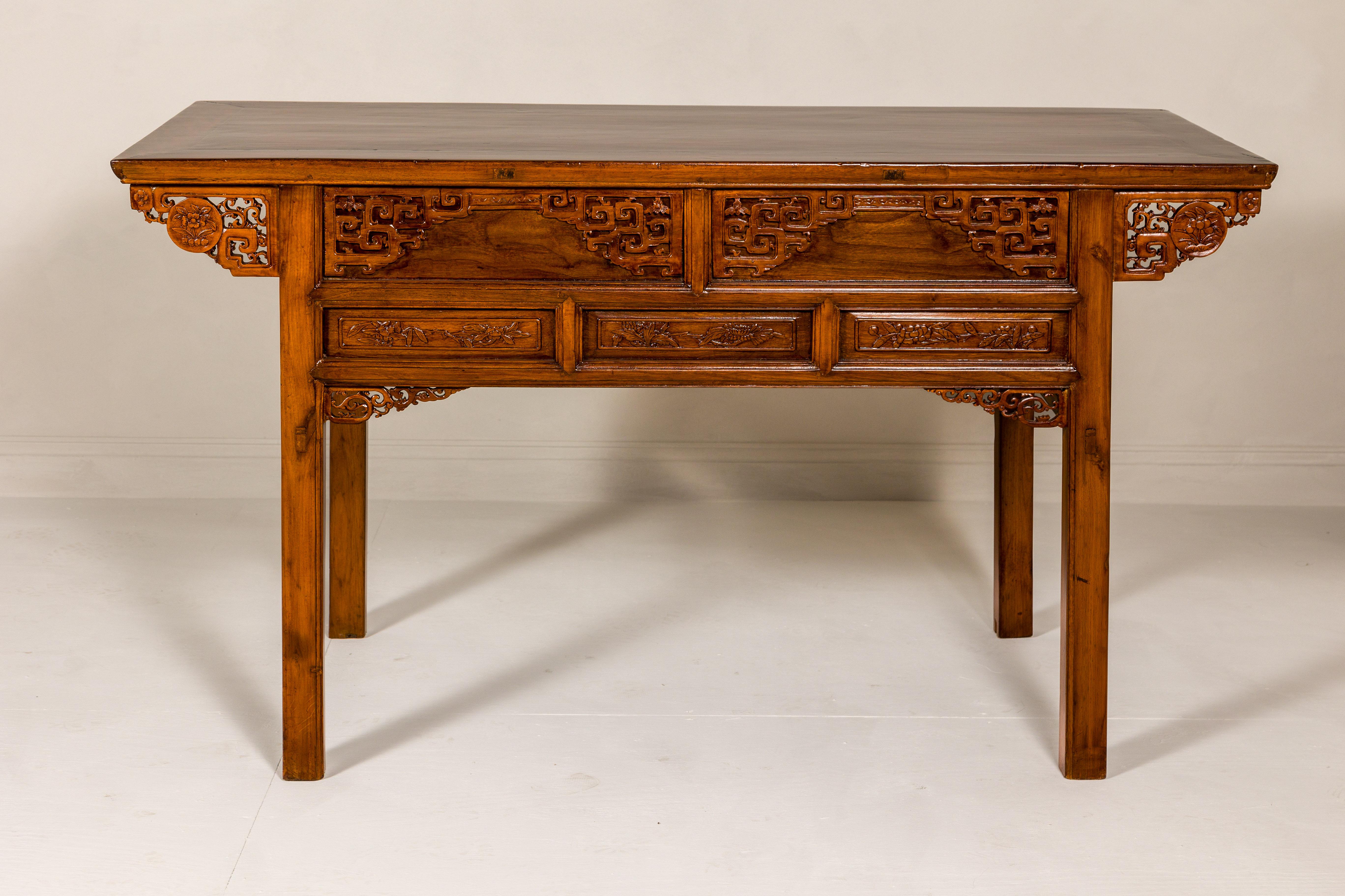 Richly Carved Console Table with Two Drawers, Scrolling Clouds and Flowers  For Sale 5