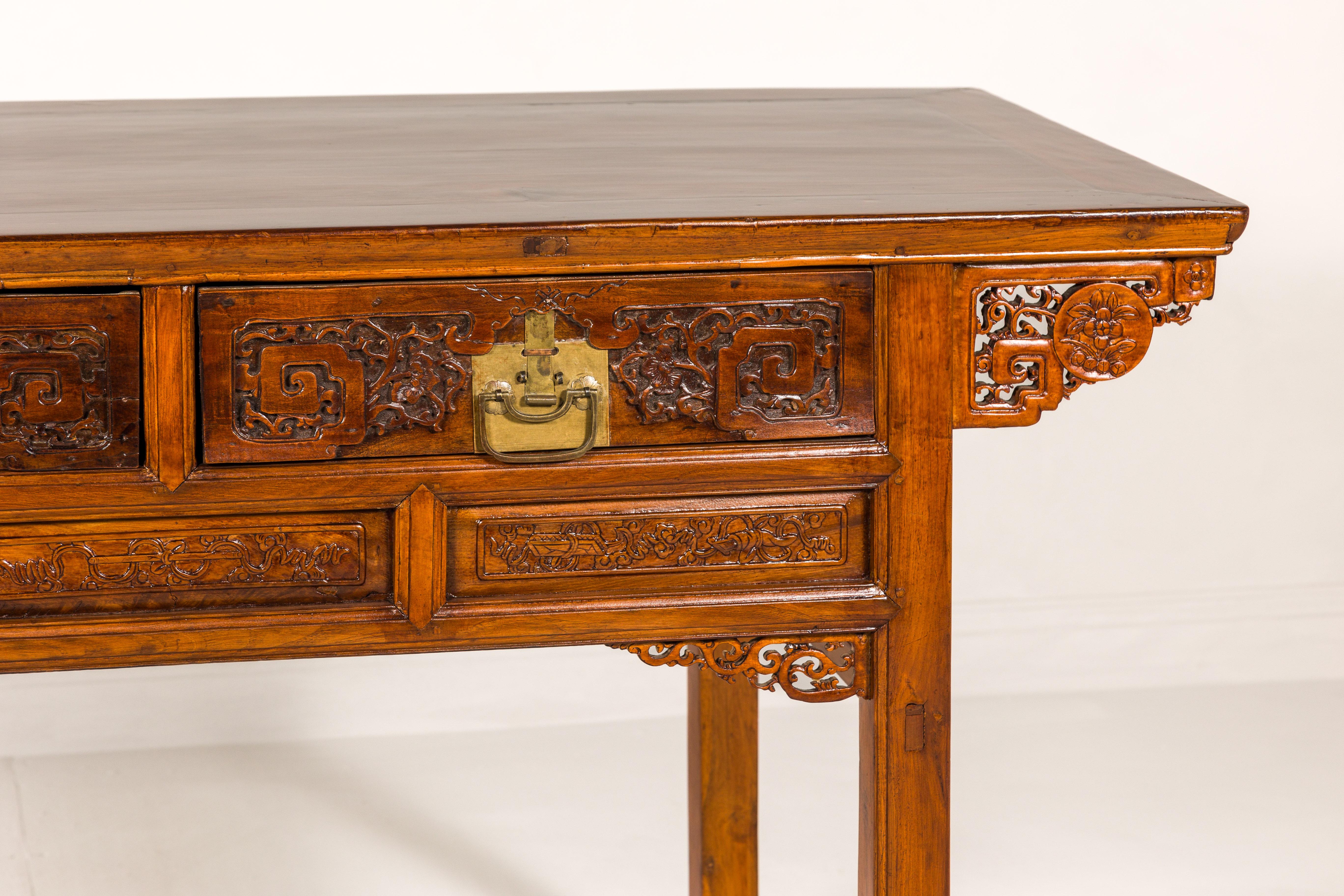 Richly Carved Console Table with Two Drawers, Scrolling Clouds and Flowers  In Good Condition For Sale In Yonkers, NY