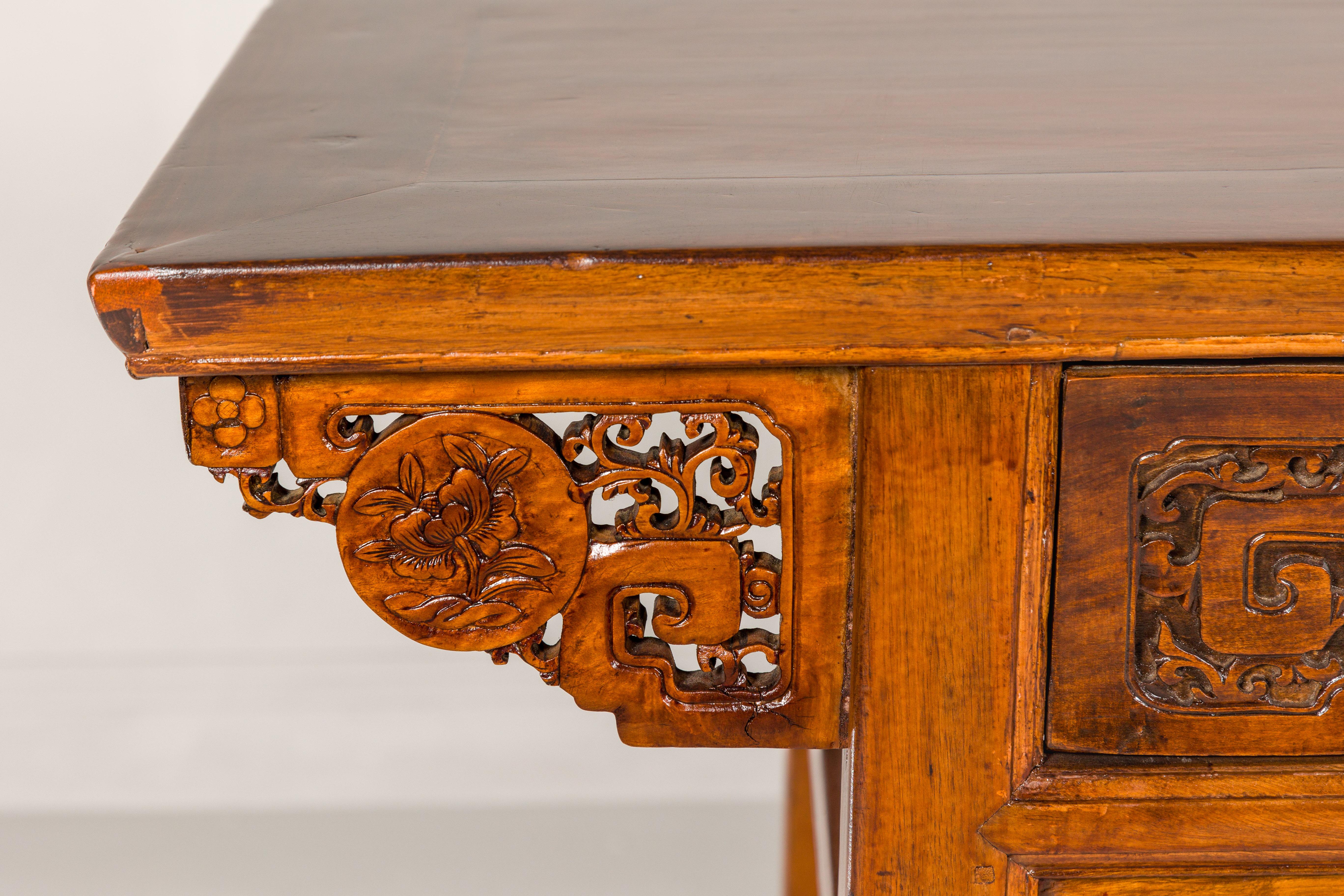 20th Century Richly Carved Console Table with Two Drawers, Scrolling Clouds and Flowers  For Sale