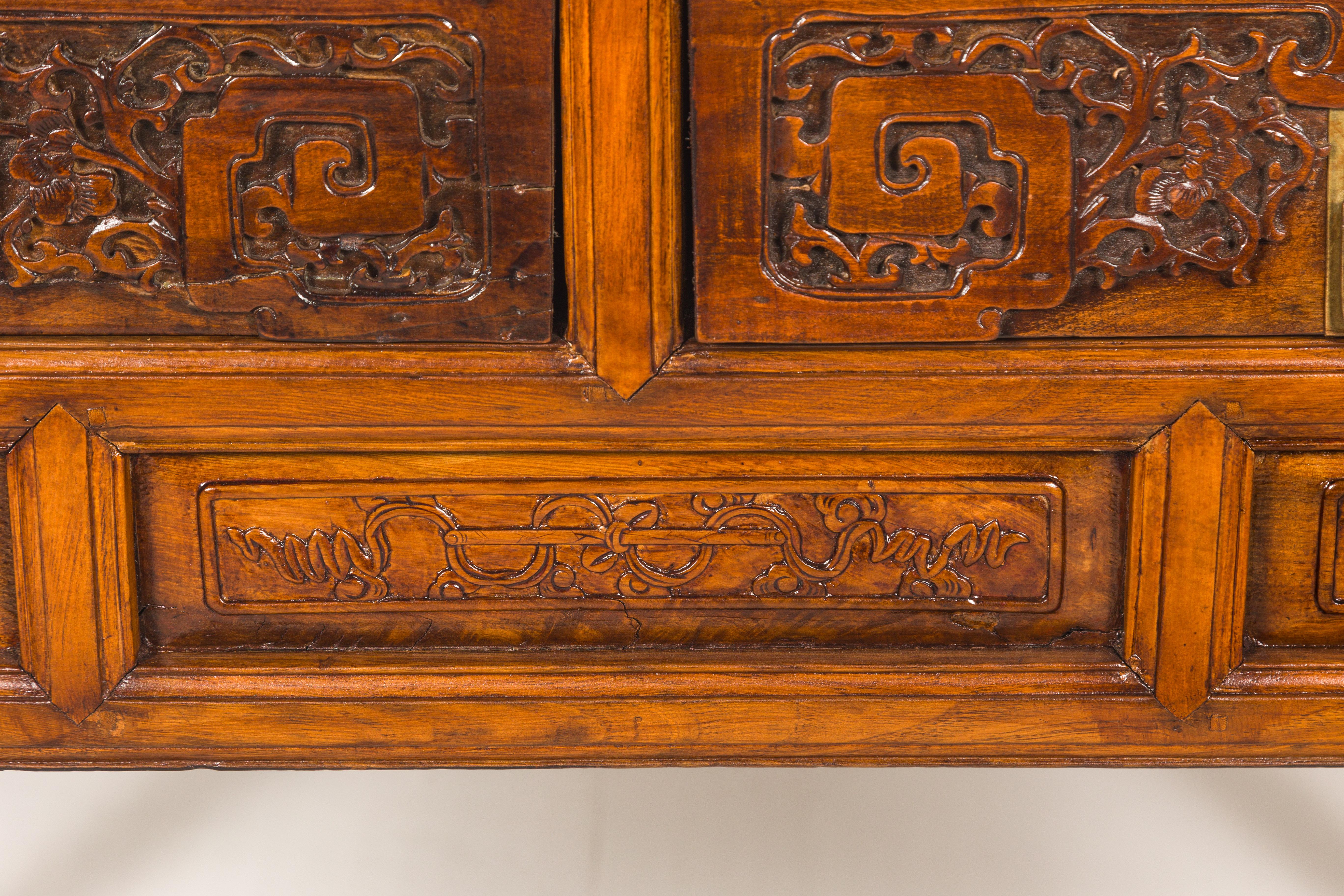 Wood Richly Carved Console Table with Two Drawers, Scrolling Clouds and Flowers  For Sale