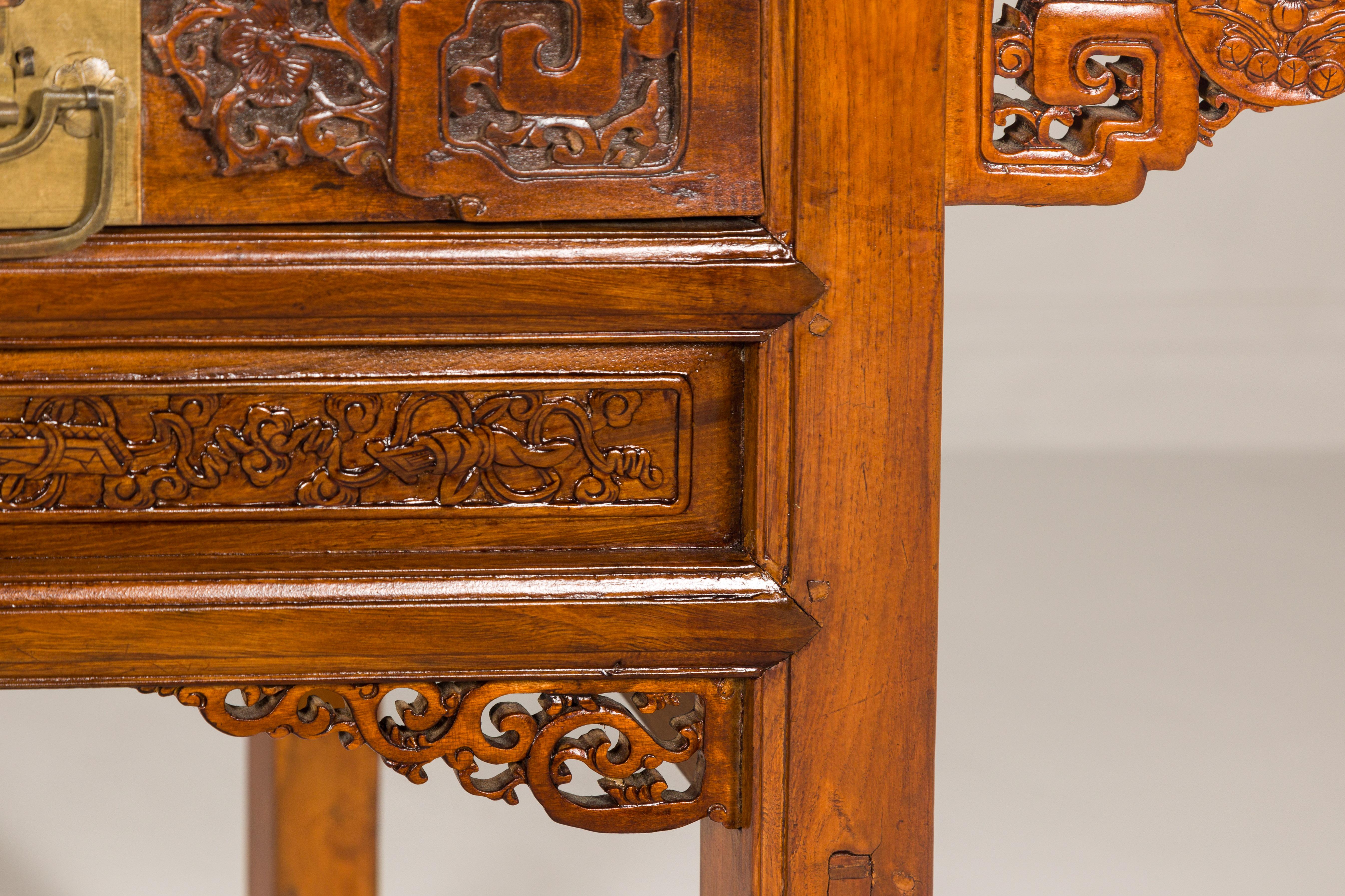 Richly Carved Console Table with Two Drawers, Scrolling Clouds and Flowers  For Sale 1