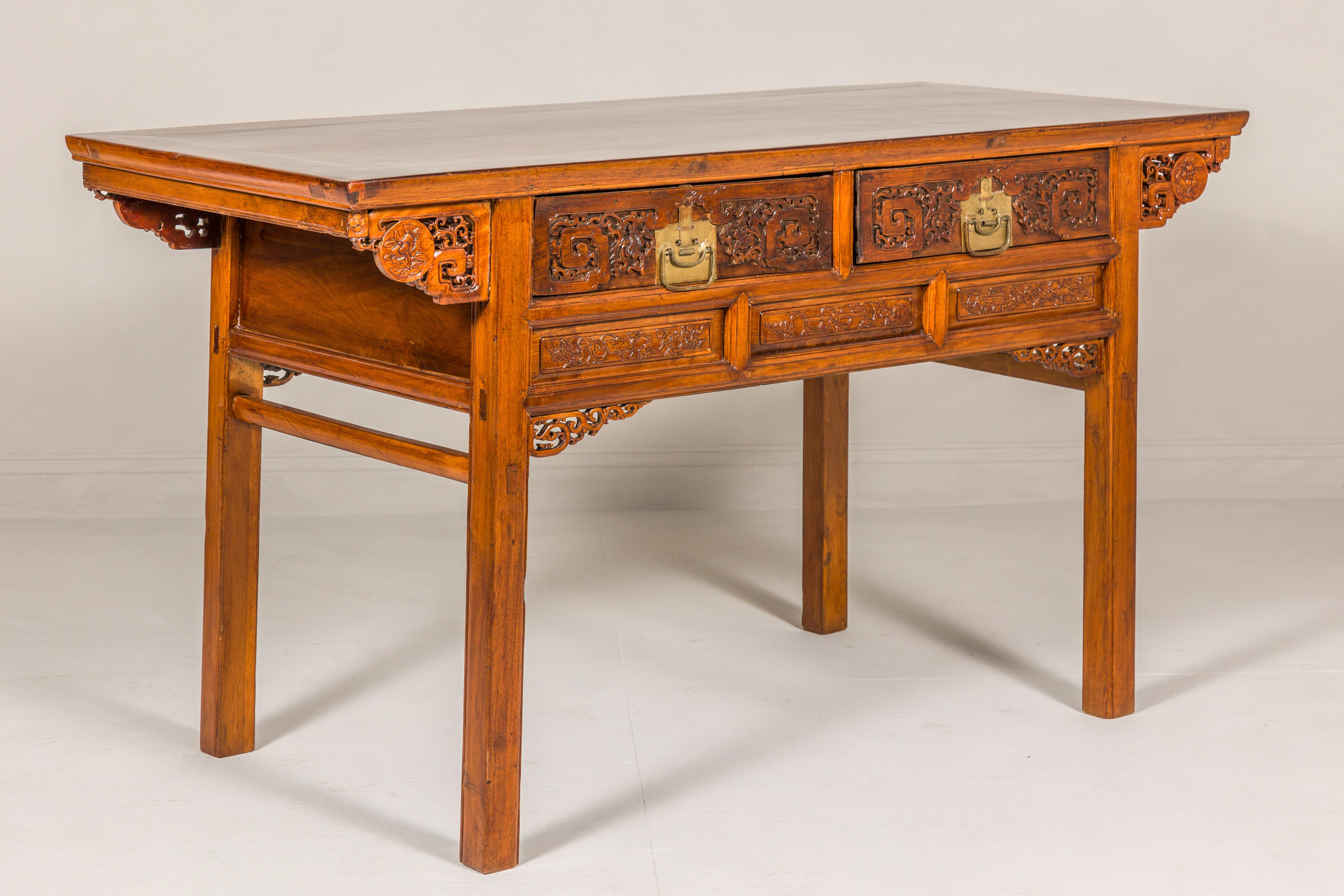 Richly Carved Console Table with Two Drawers, Scrolling Clouds and Flowers  For Sale 2