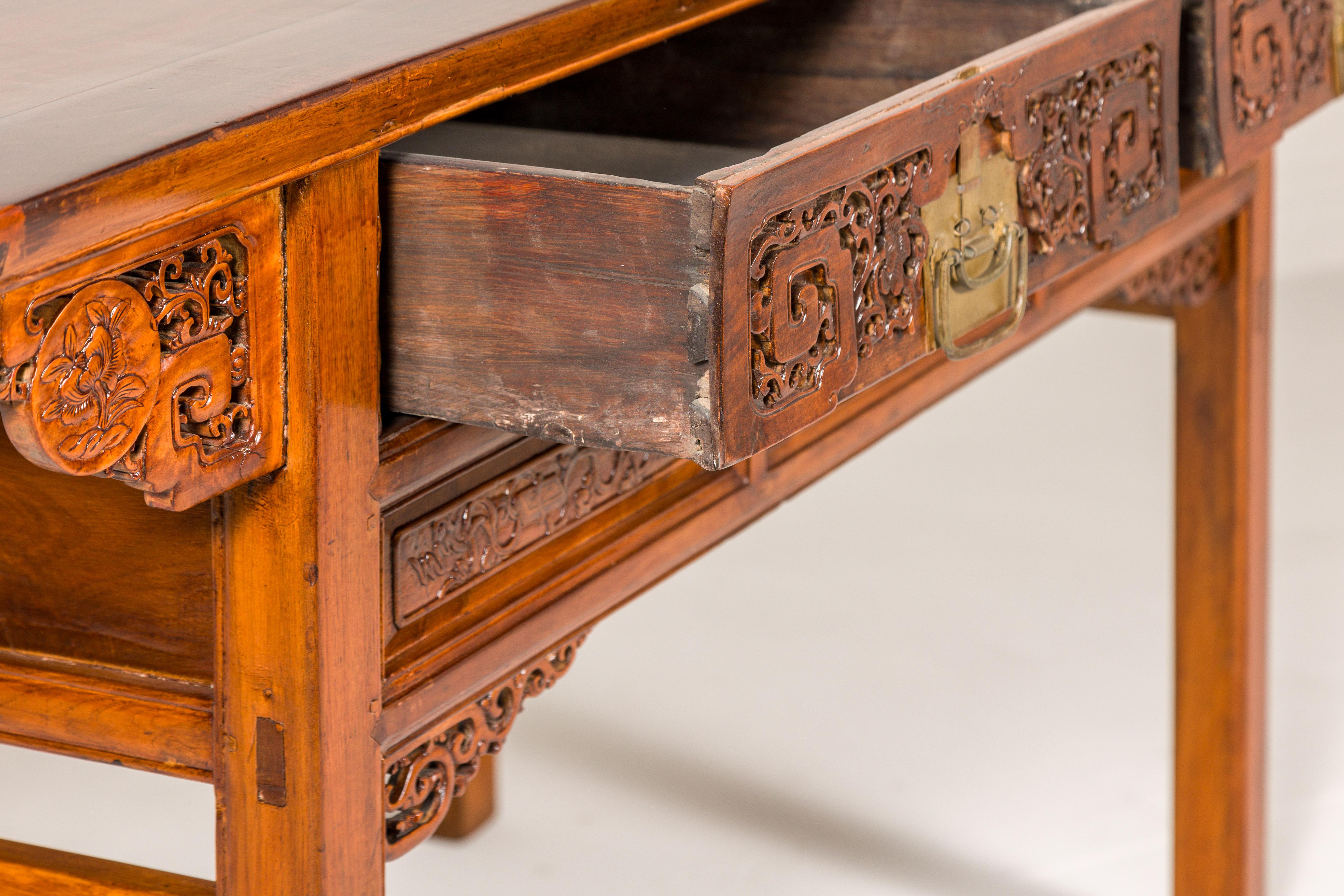 Richly Carved Console Table with Two Drawers, Scrolling Clouds and Flowers  For Sale 3