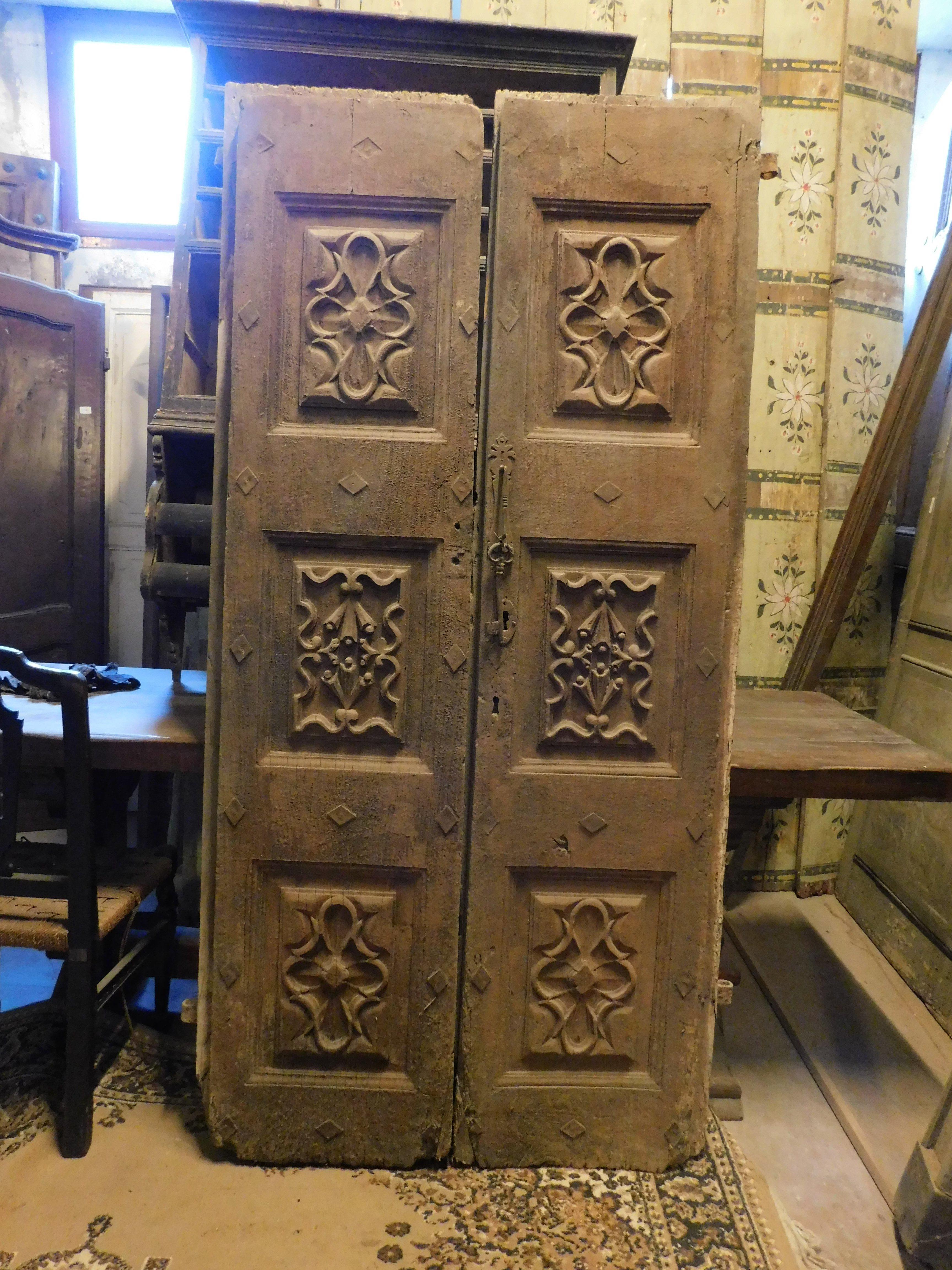 Hand-Carved Richly carved solid walnut entrance double door, Italy For Sale