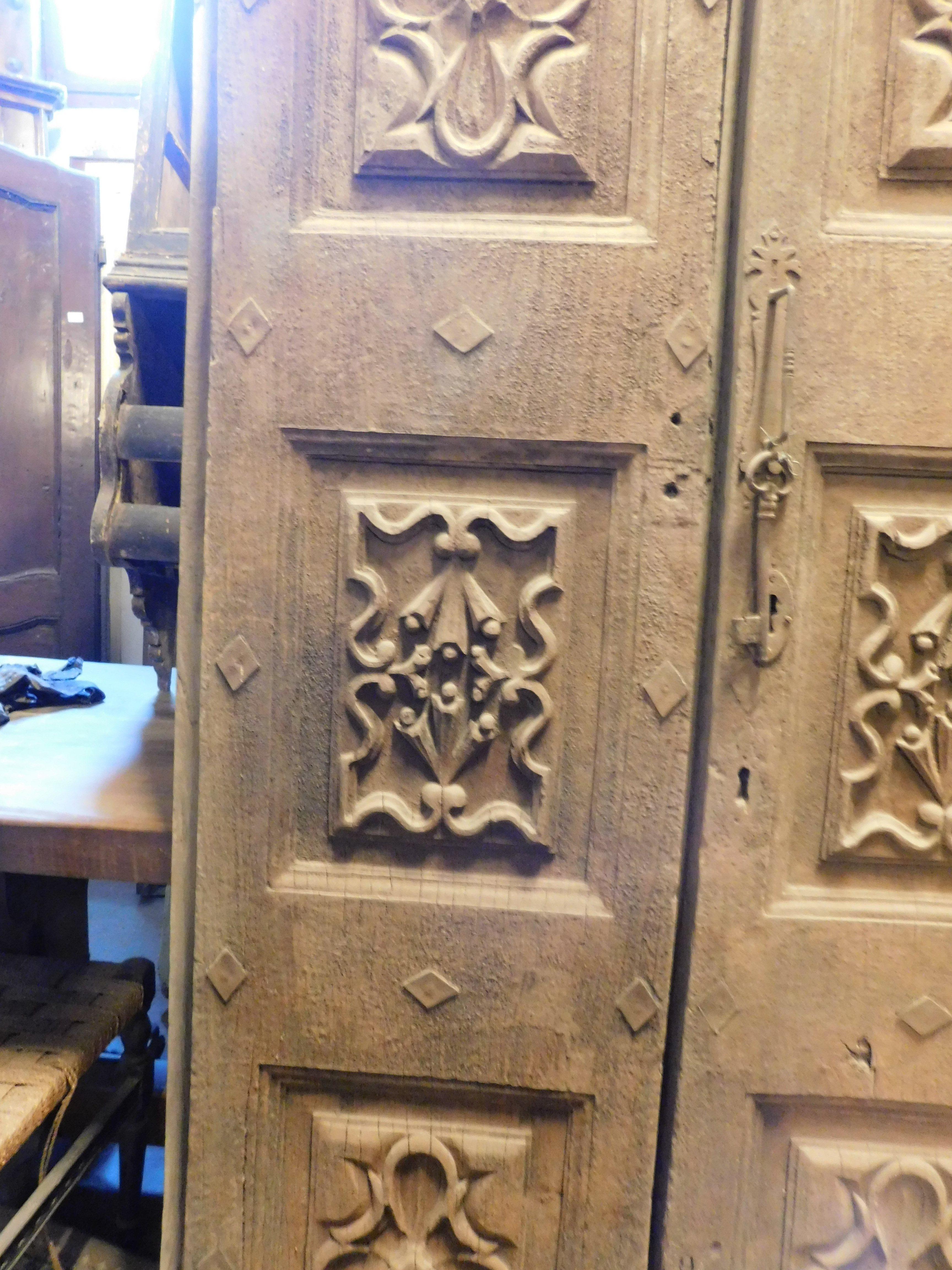 Richly carved solid walnut entrance double door, Italy For Sale 1
