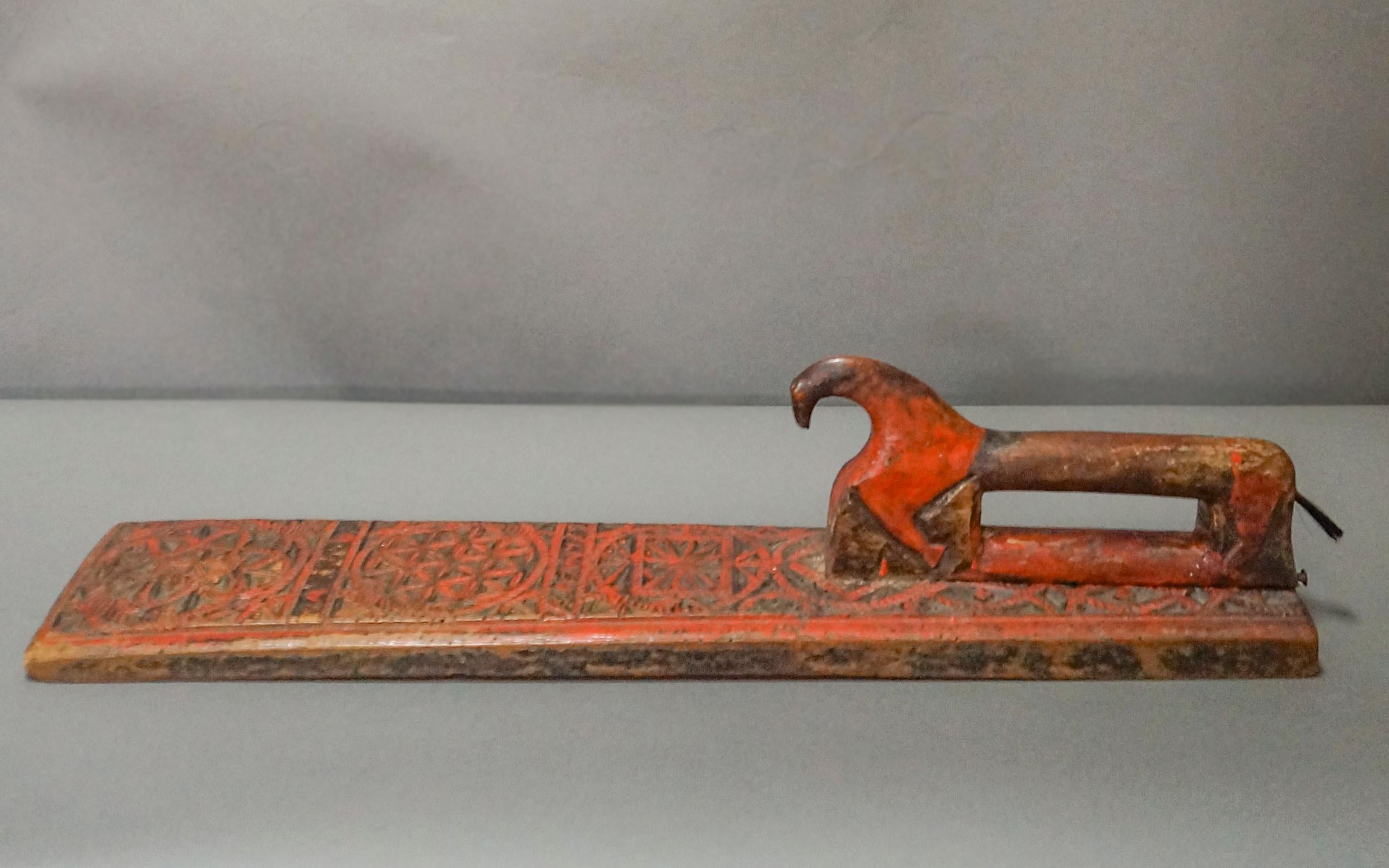 Mangle board with interestingly carved horse handle, Sweden dated 1782. The horse has an arched neck, disproportionately small head, bas relief legs and horsehair tail. The board itself is covered with compass-drawn designs and gadrooned edging