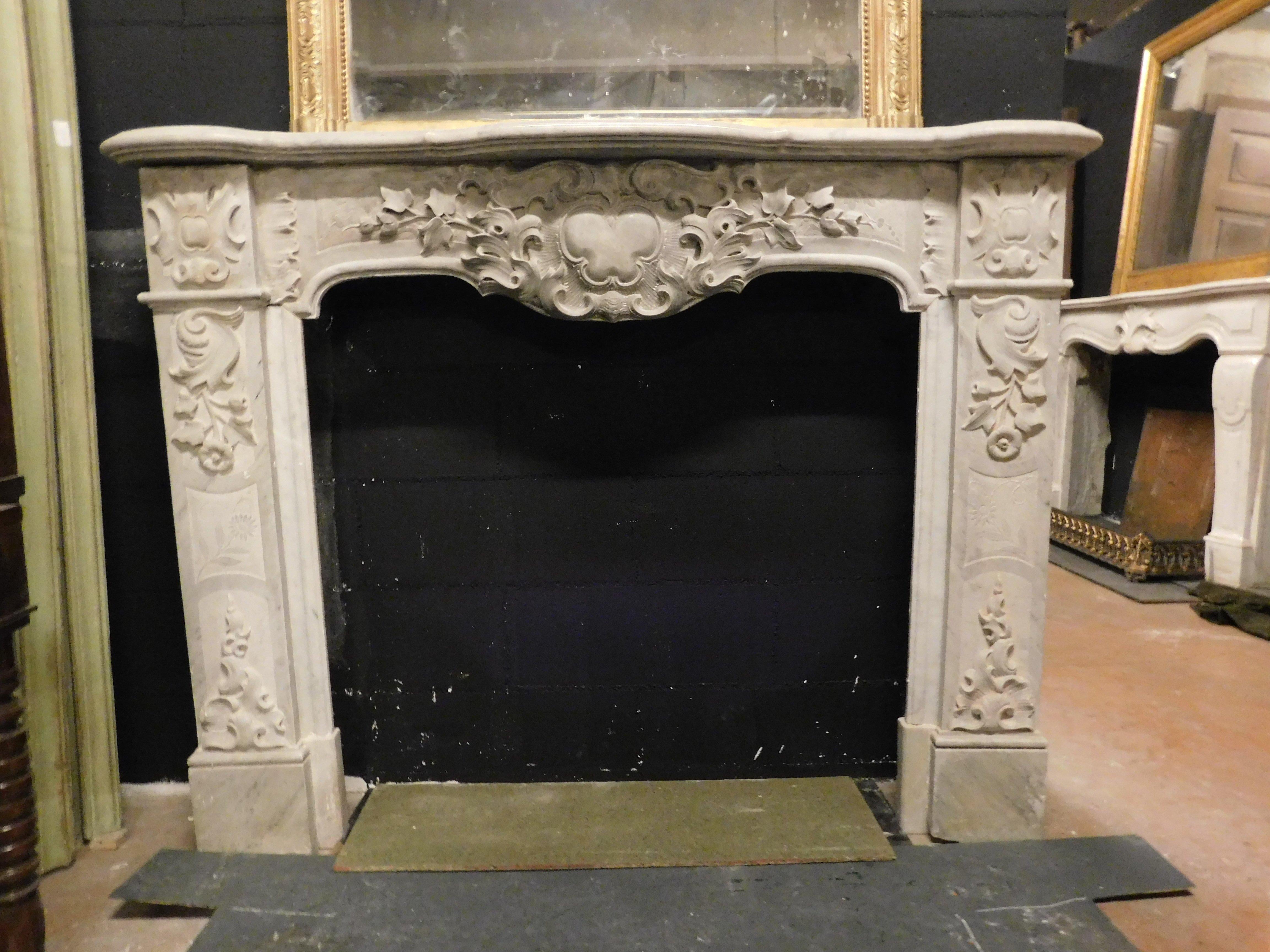 Italian Richly carved white marble fireplace mantle, Turin Italy For Sale