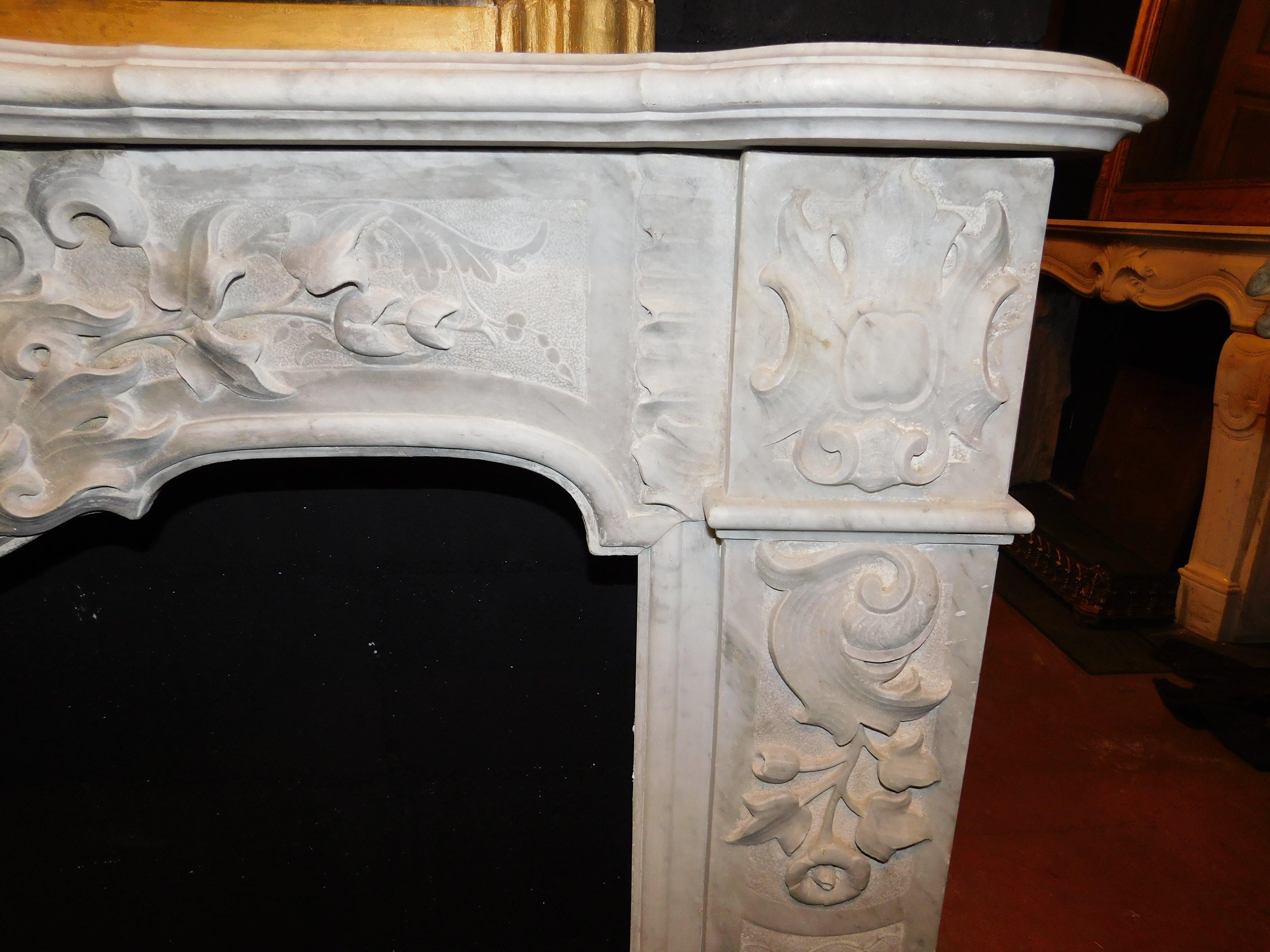 Carrara Marble Richly carved white marble fireplace mantle, Turin Italy For Sale