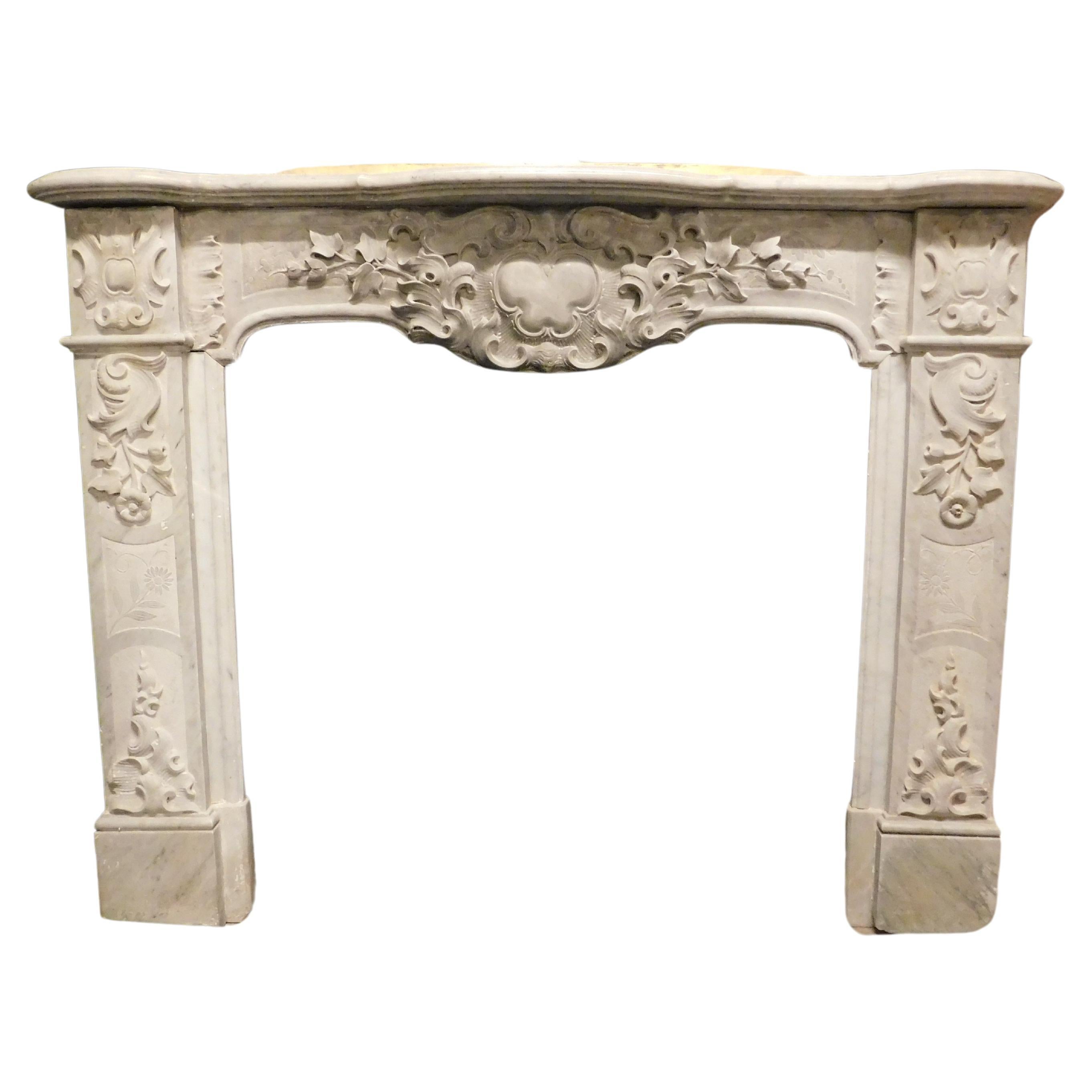 Richly carved white marble fireplace mantle, Turin Italy For Sale