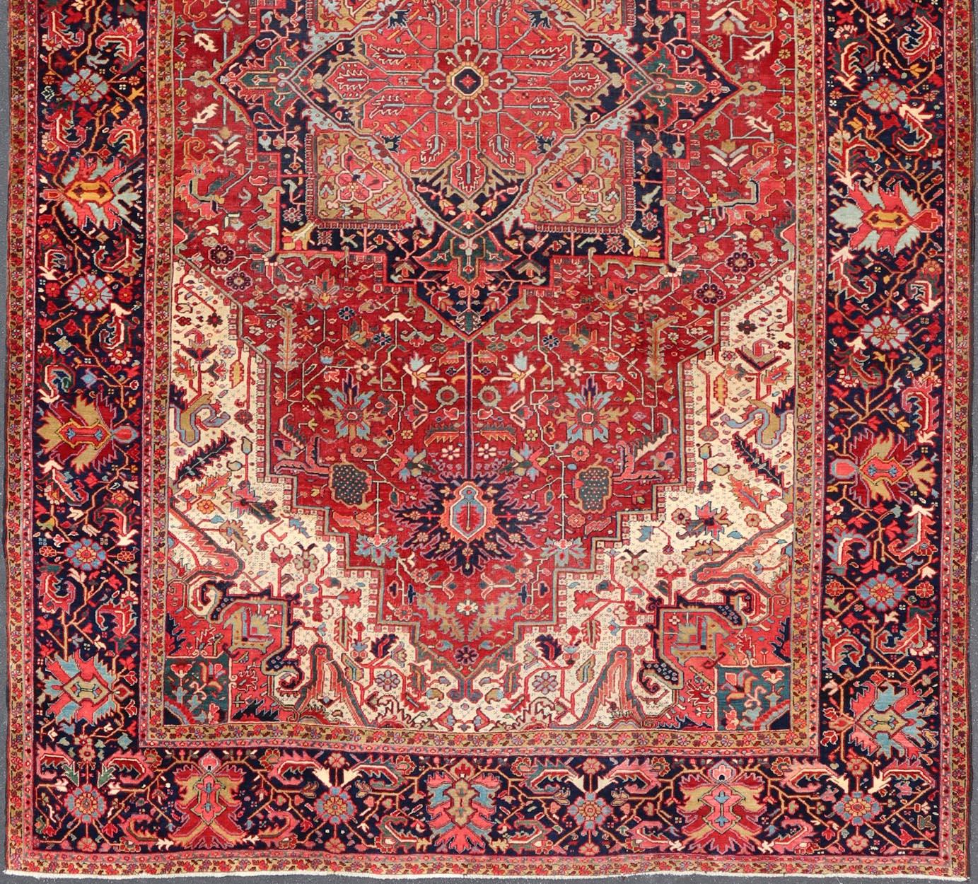 Hand-Knotted Richly Colored Large Antique Persian Heriz-Serapi Carpet with Geometric Design