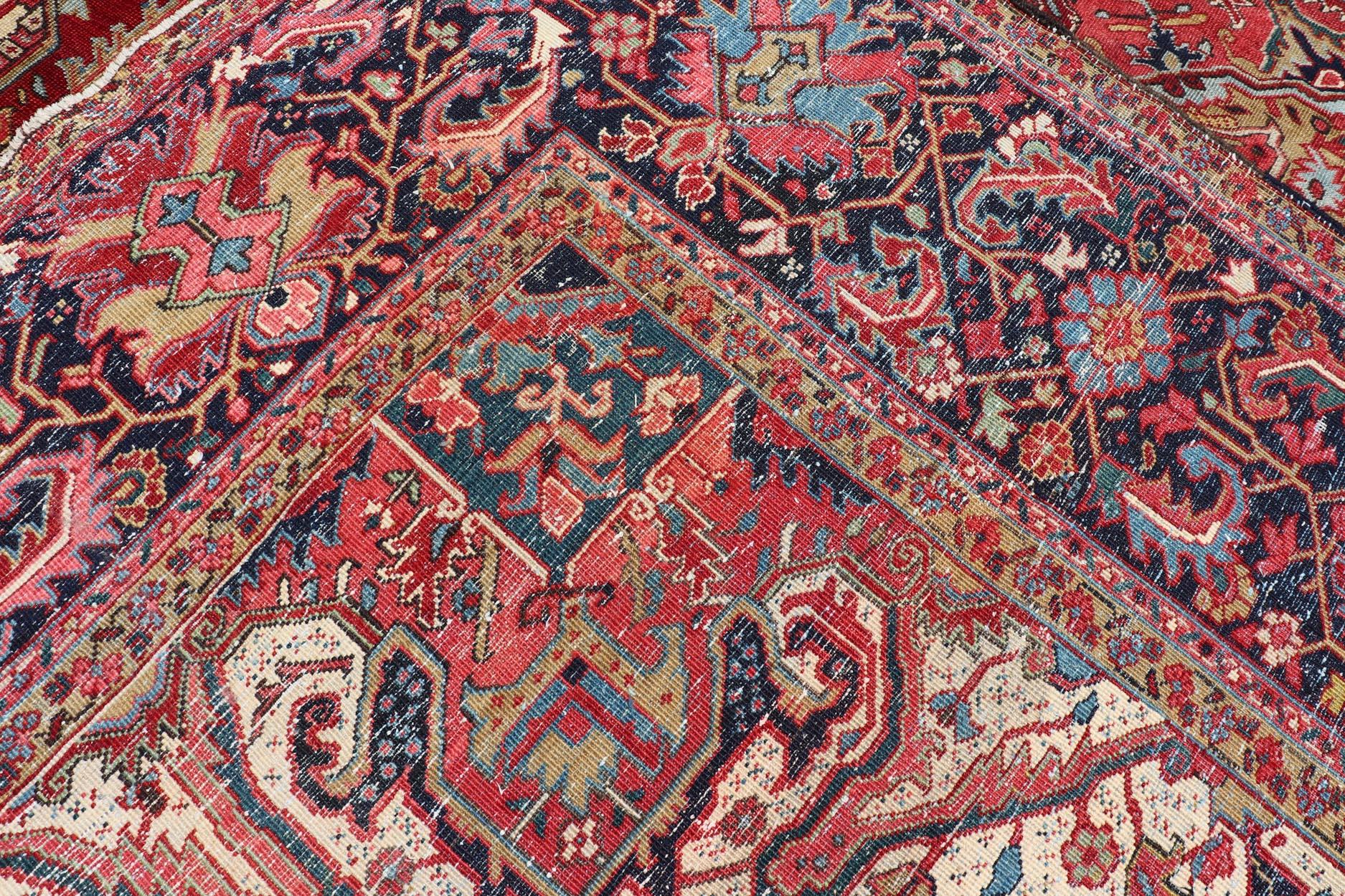 Richly Colored Large Antique Persian Heriz-Serapi Carpet with Geometric Design In Excellent Condition In Atlanta, GA