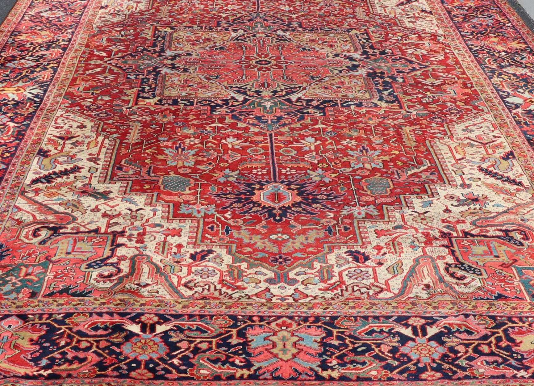 Wool Richly Colored Large Antique Persian Heriz-Serapi Carpet with Geometric Design