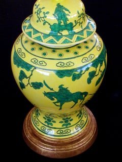 Richly-Colored Pr of Japanese Canary Yellow Ginger Jars w Dark Green Decoration