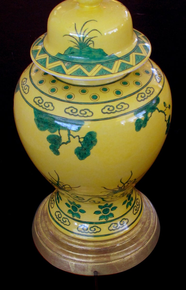 RichlyColored Pr of Japanese Canary Yellow Ginger Jars w Dark Green