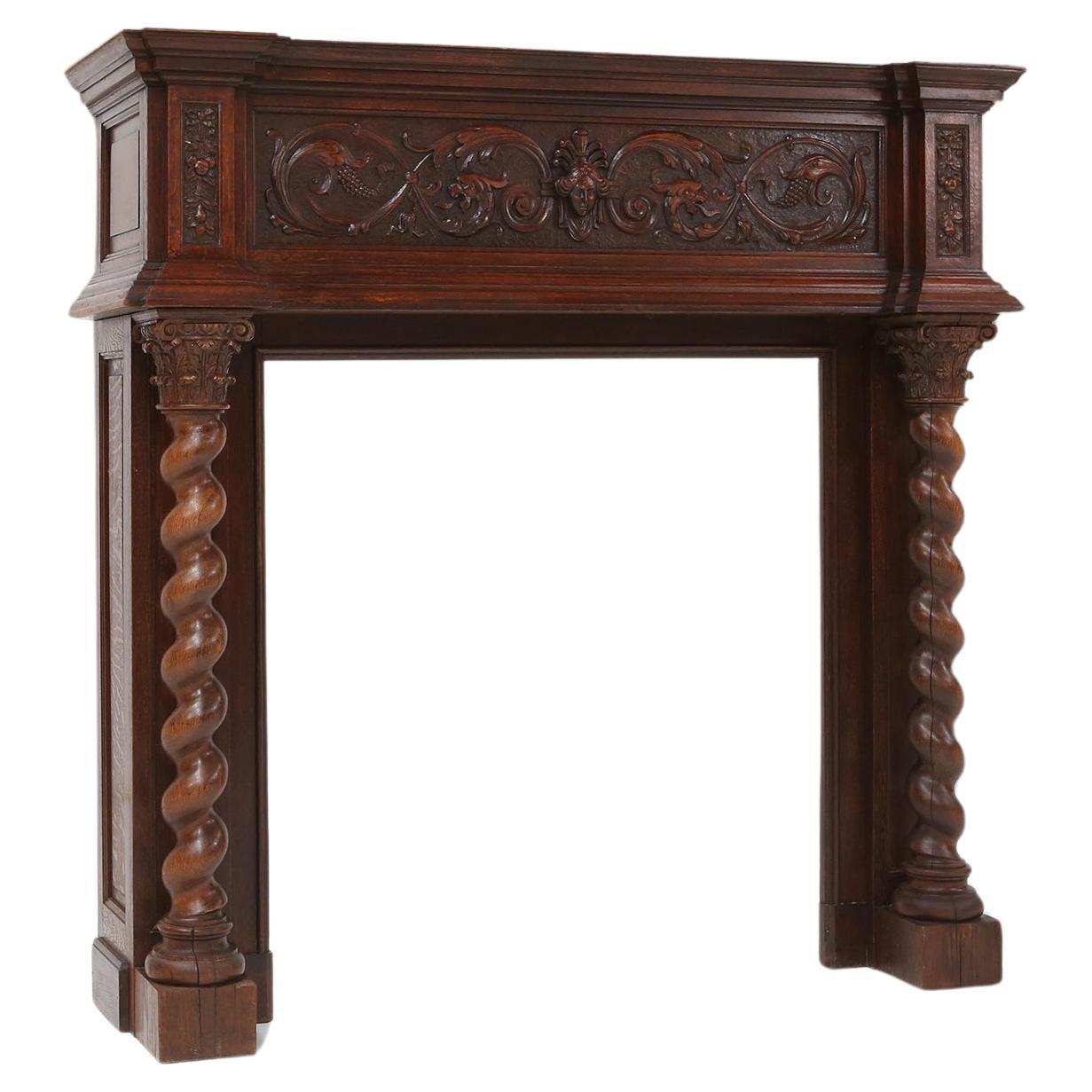 Belgium / 1920 / fireplace / oak / romantic / antique

A beautifully hand carved fireplace in solid oak made in Belgium around 1920. This spectacularly detailed antique fire surround has a rich aged character. The front frieze was carved with