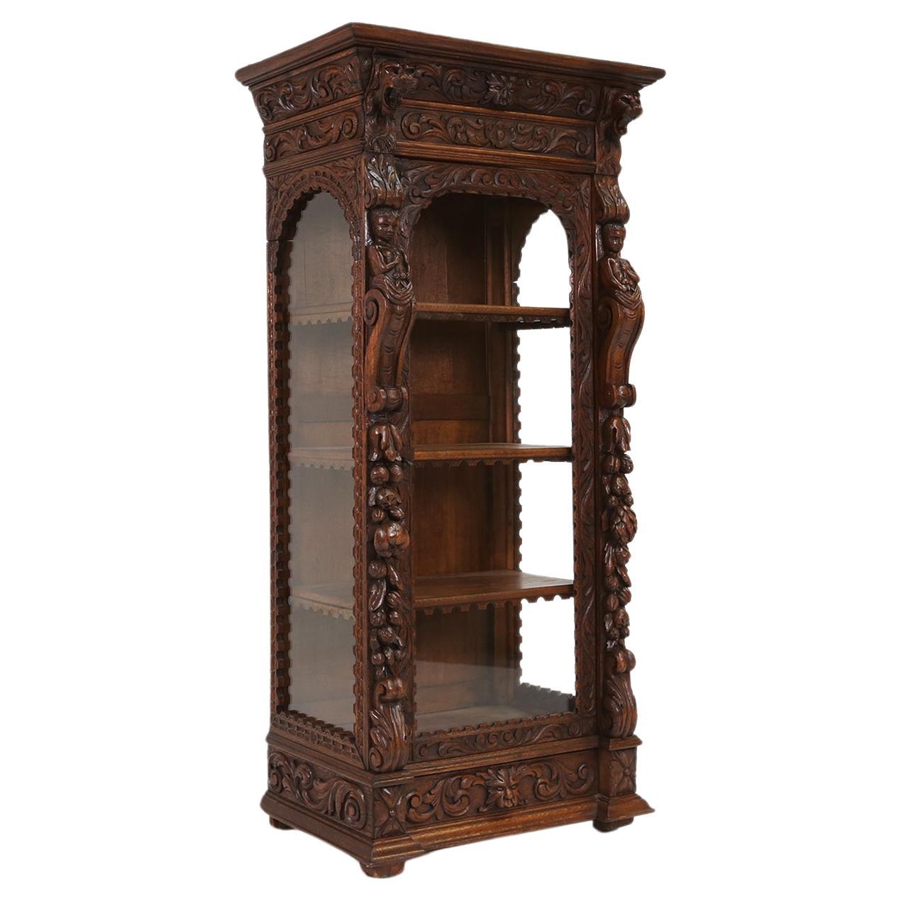 Richly decorated baroque style display case in oak, Belgium ca. 1950