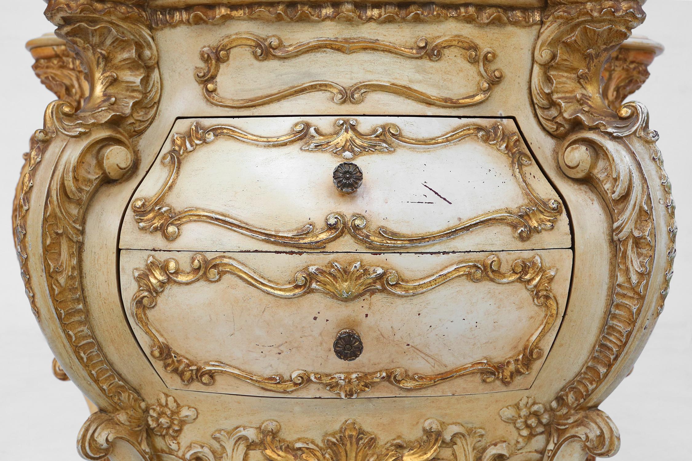 French Richly decorated bombe commode in Rococo style, France ca. 1950