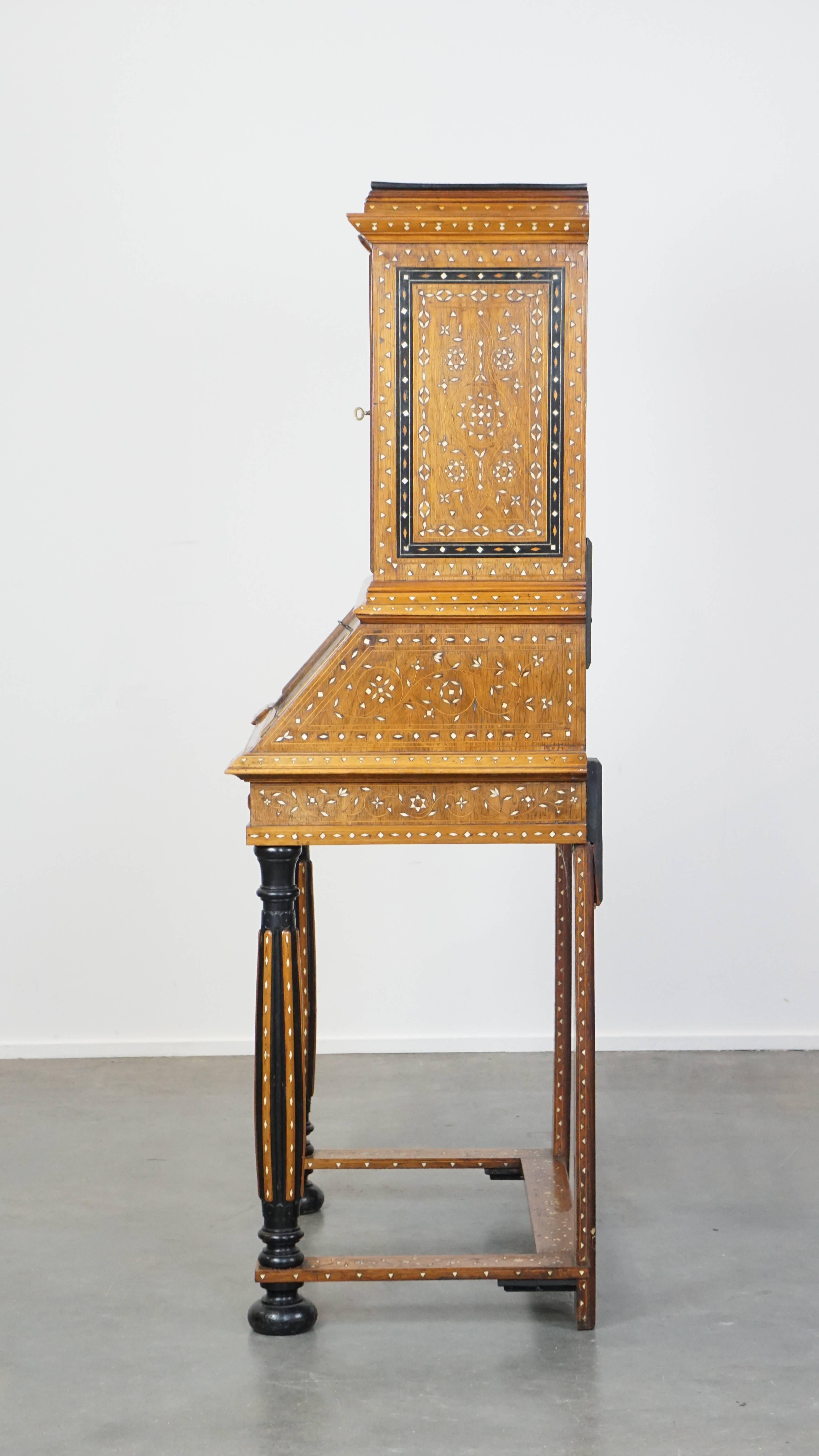 Richly decorated, inlaid antique Italian secretary in Moorish style, circa 1860 In Good Condition For Sale In Harderwijk, NL