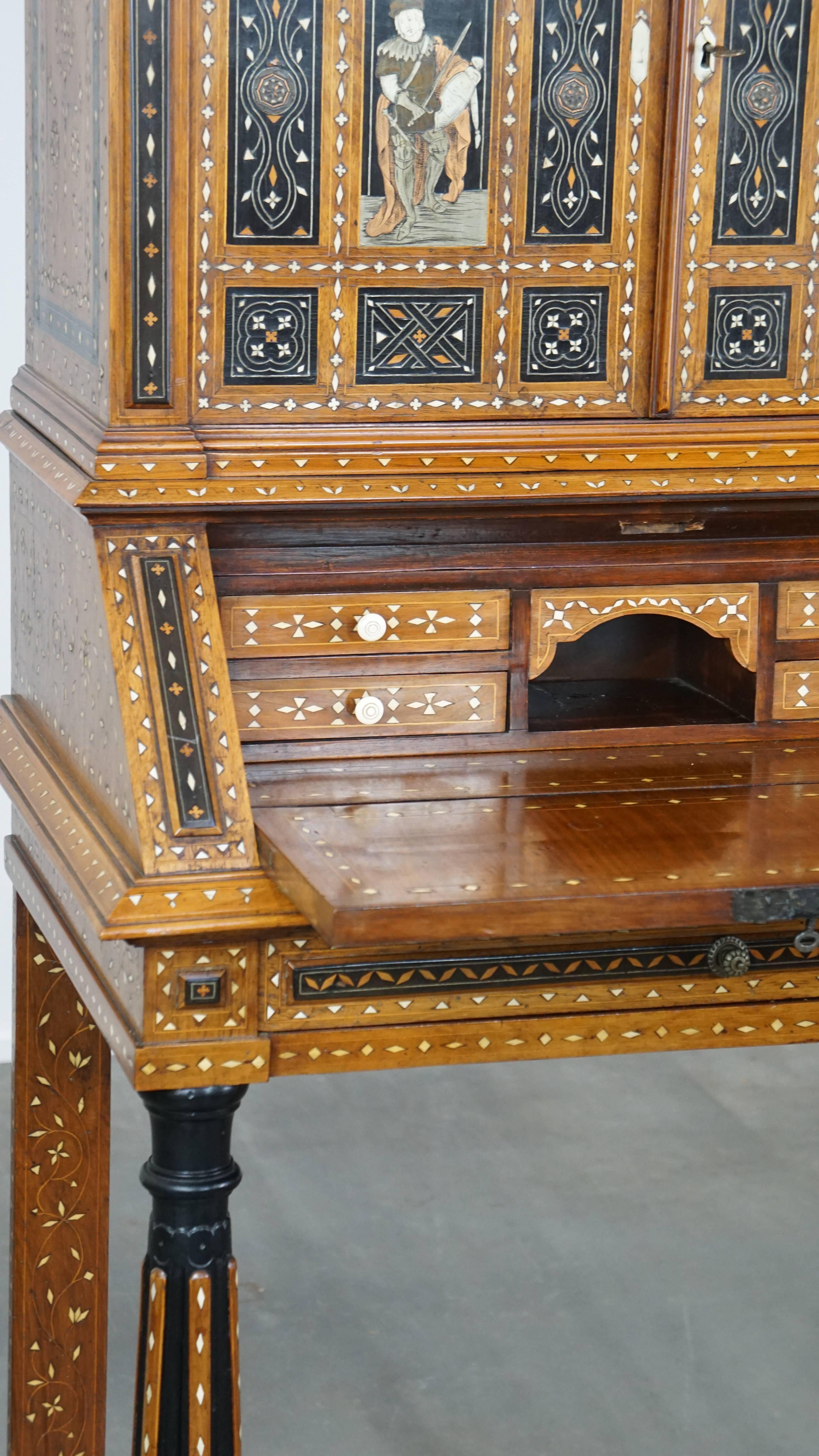 Richly decorated, inlaid antique Italian secretary in Moorish style, circa 1860 For Sale 2