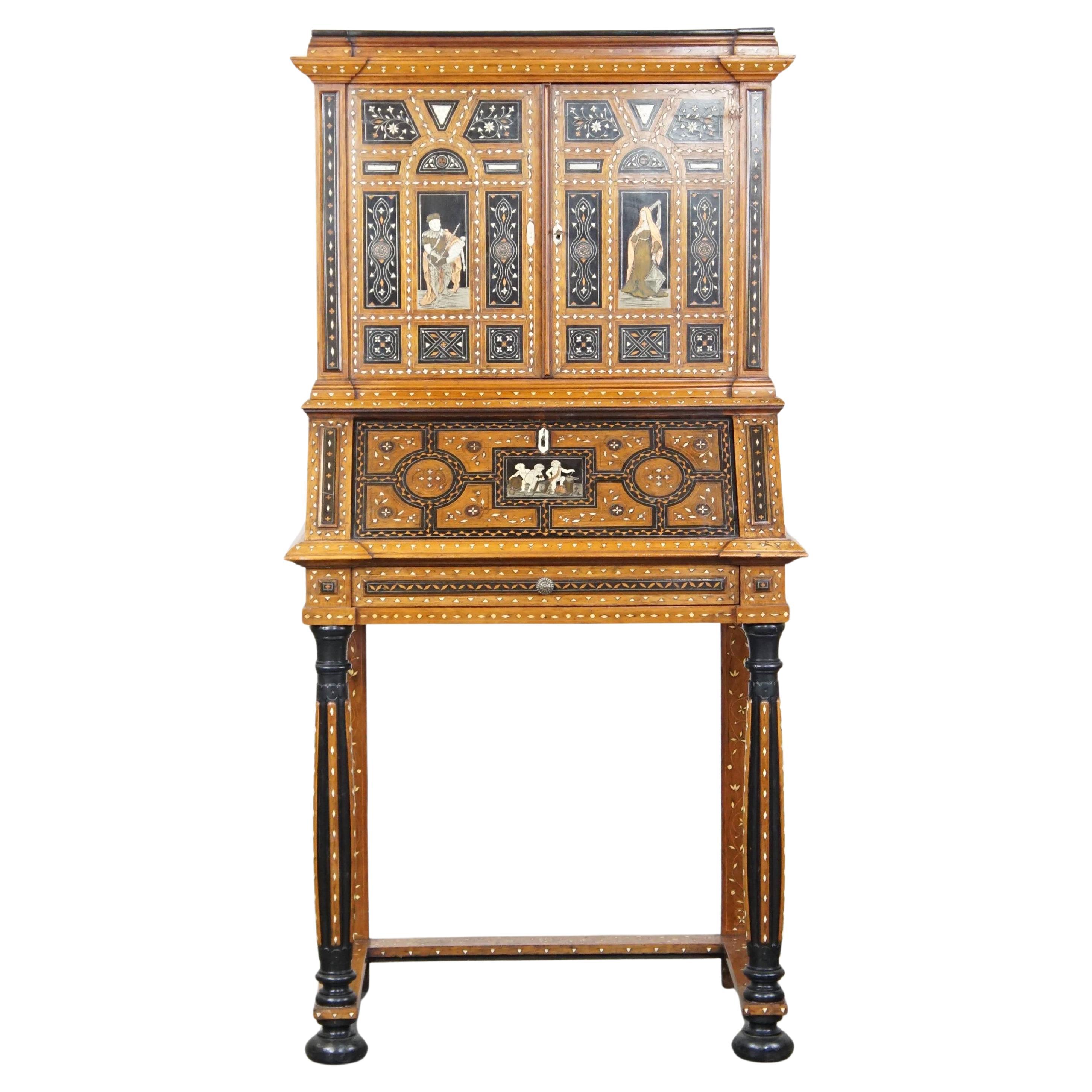 Richly decorated, inlaid antique Italian secretary in Moorish style, circa 1860 For Sale