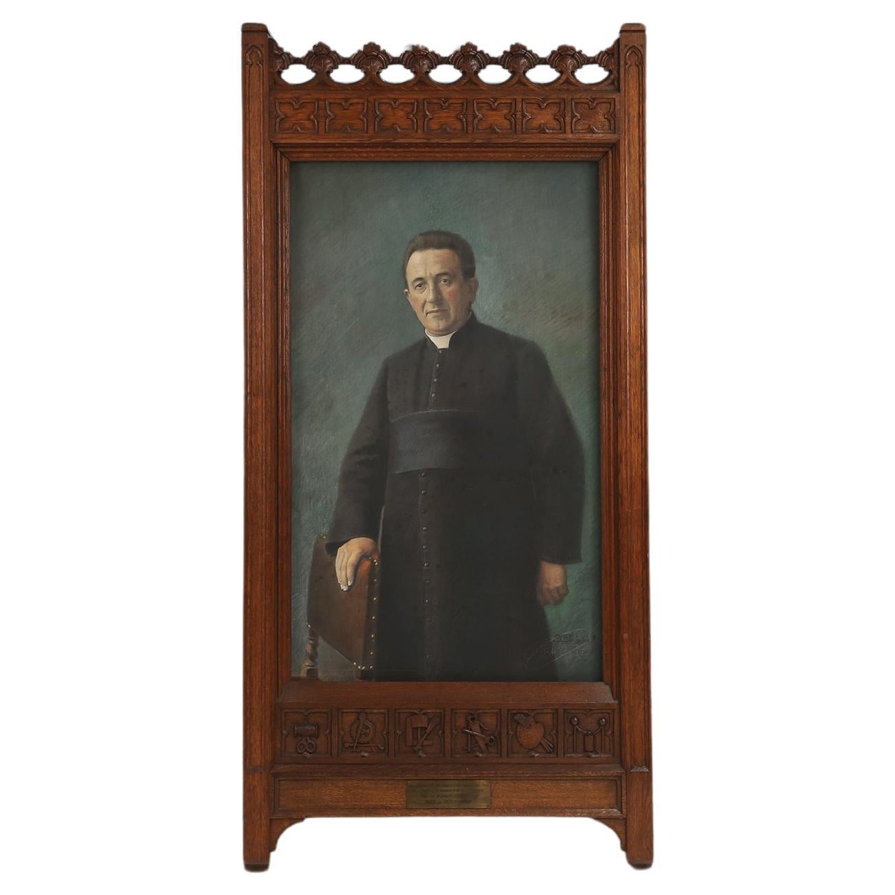 Richly decorated neo-gothic frame with colored photo of a school director, Belgi For Sale