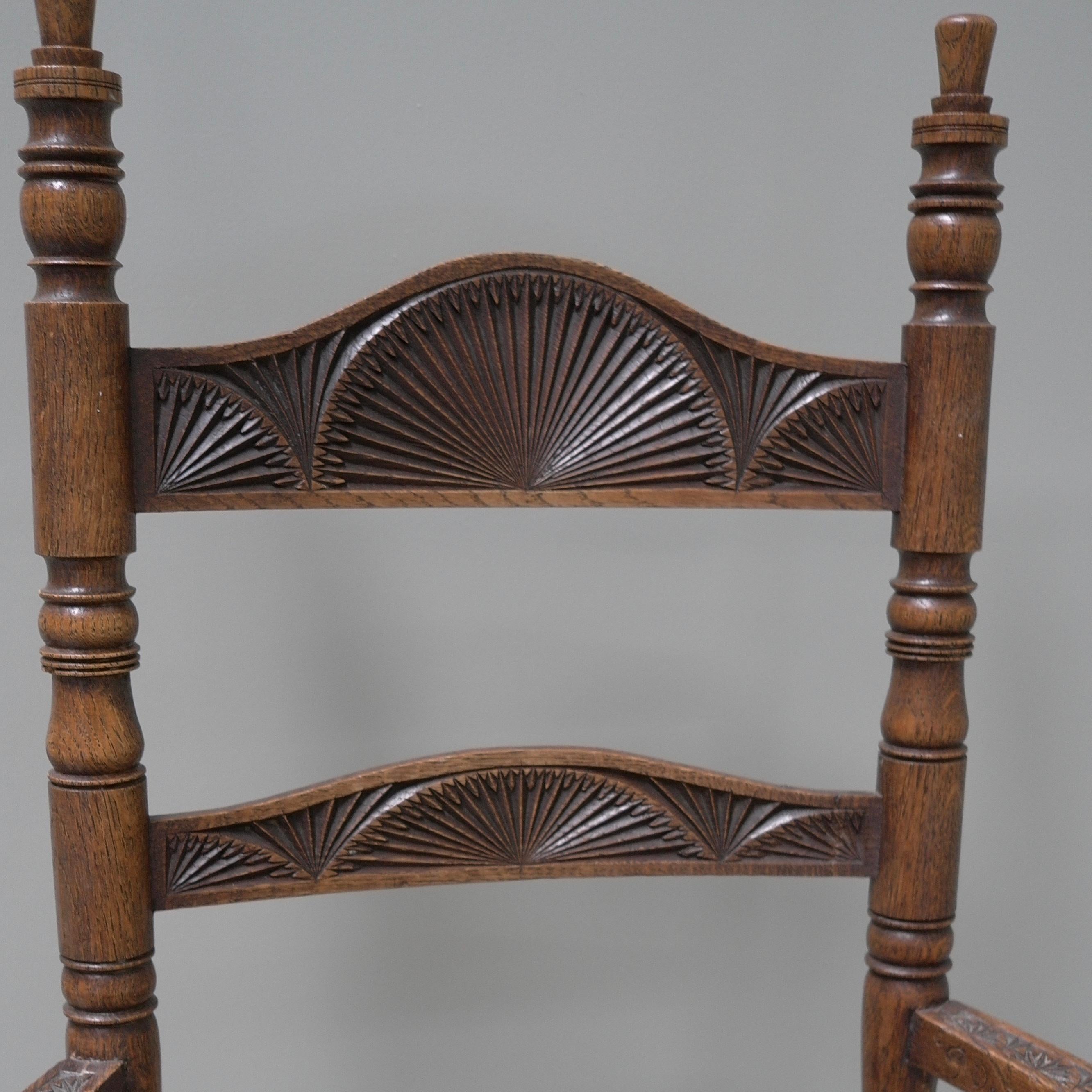 Rush Richly decorated 'Old Dutch' Oak Hand-Carved Knob Chair, Netherlands 1910-1940 For Sale