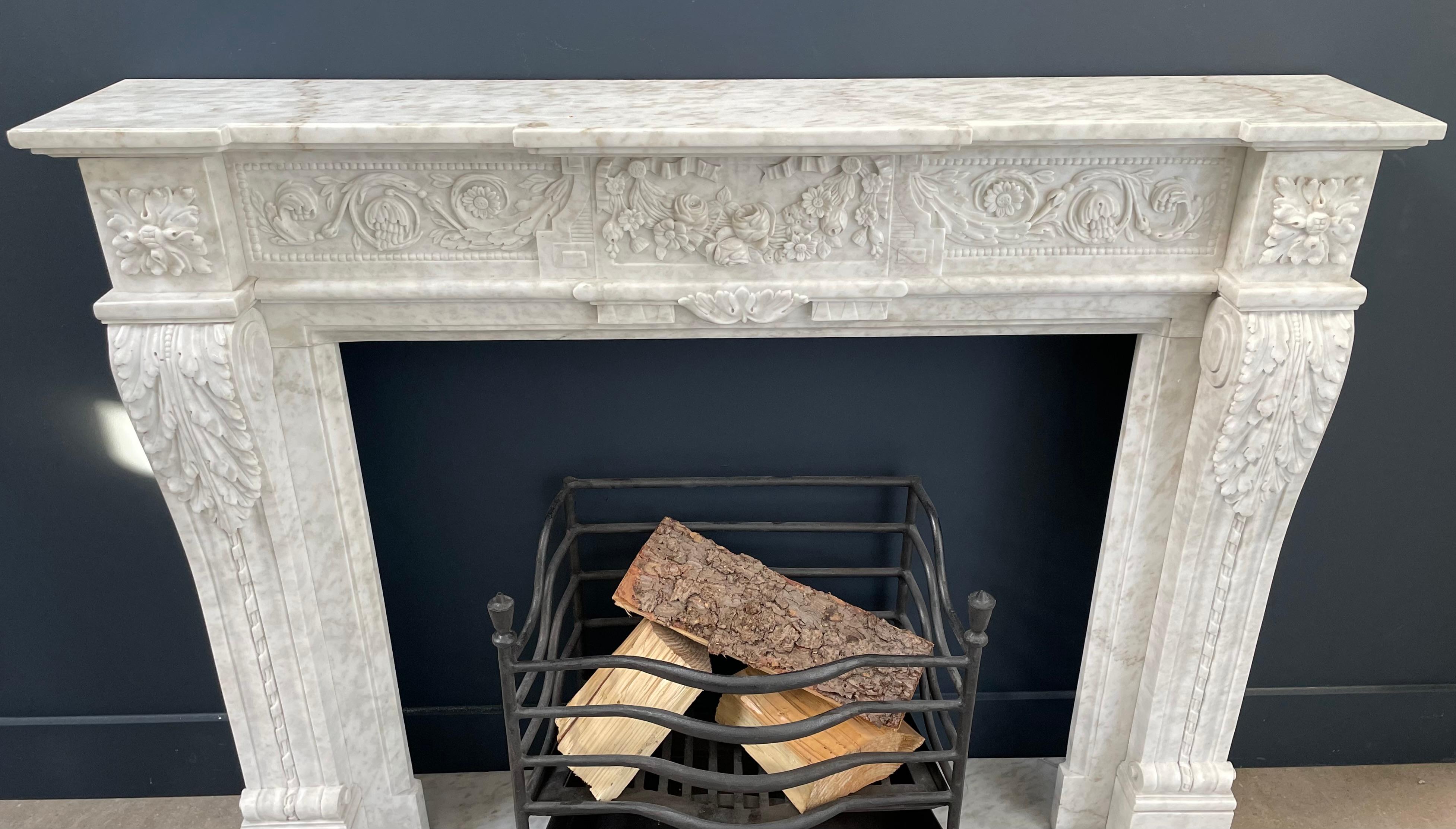 Richly Detailed French Carrara Marble Fireplace Surround  For Sale 4