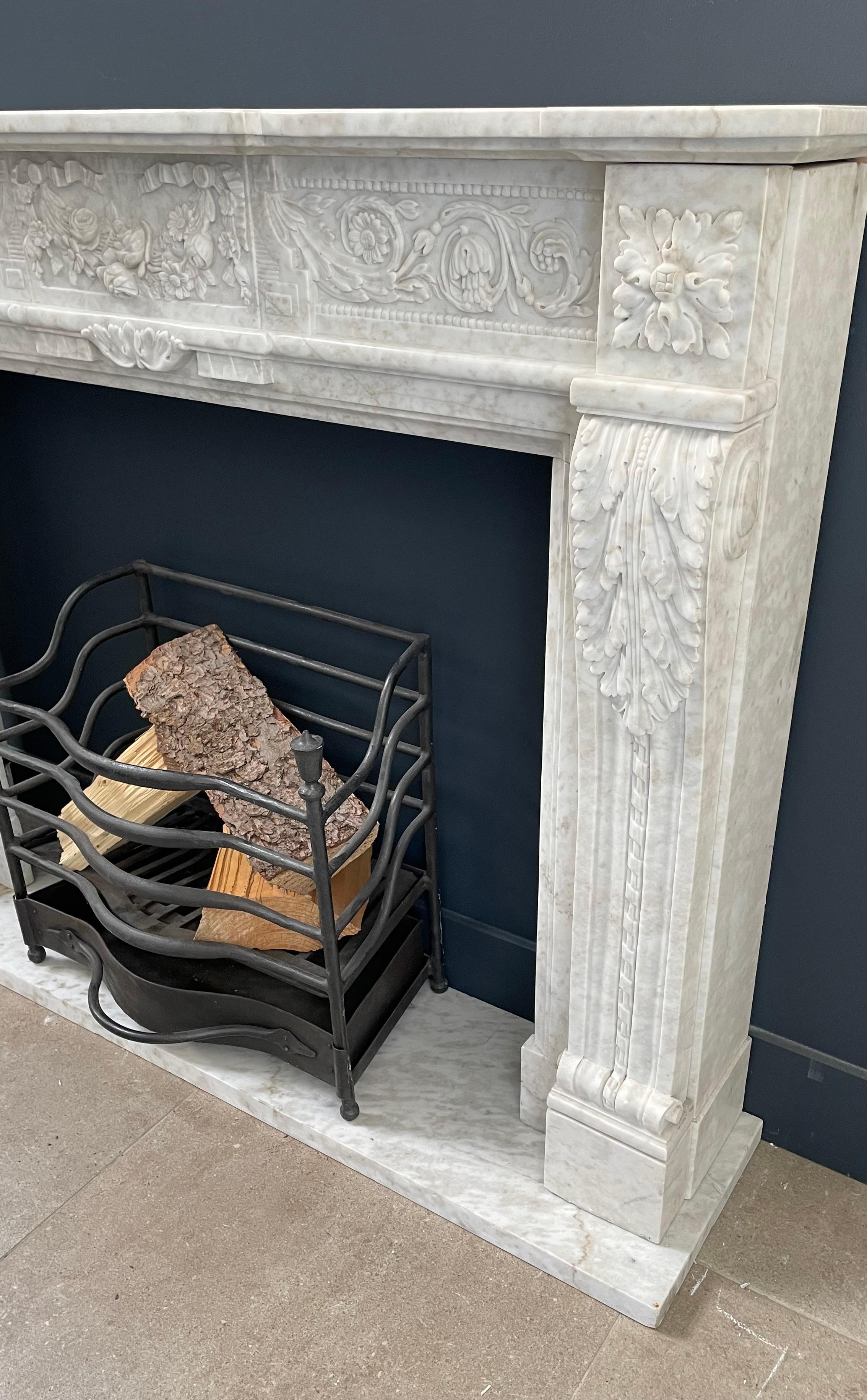 Richly Detailed French Carrara Marble Fireplace Surround  For Sale 5