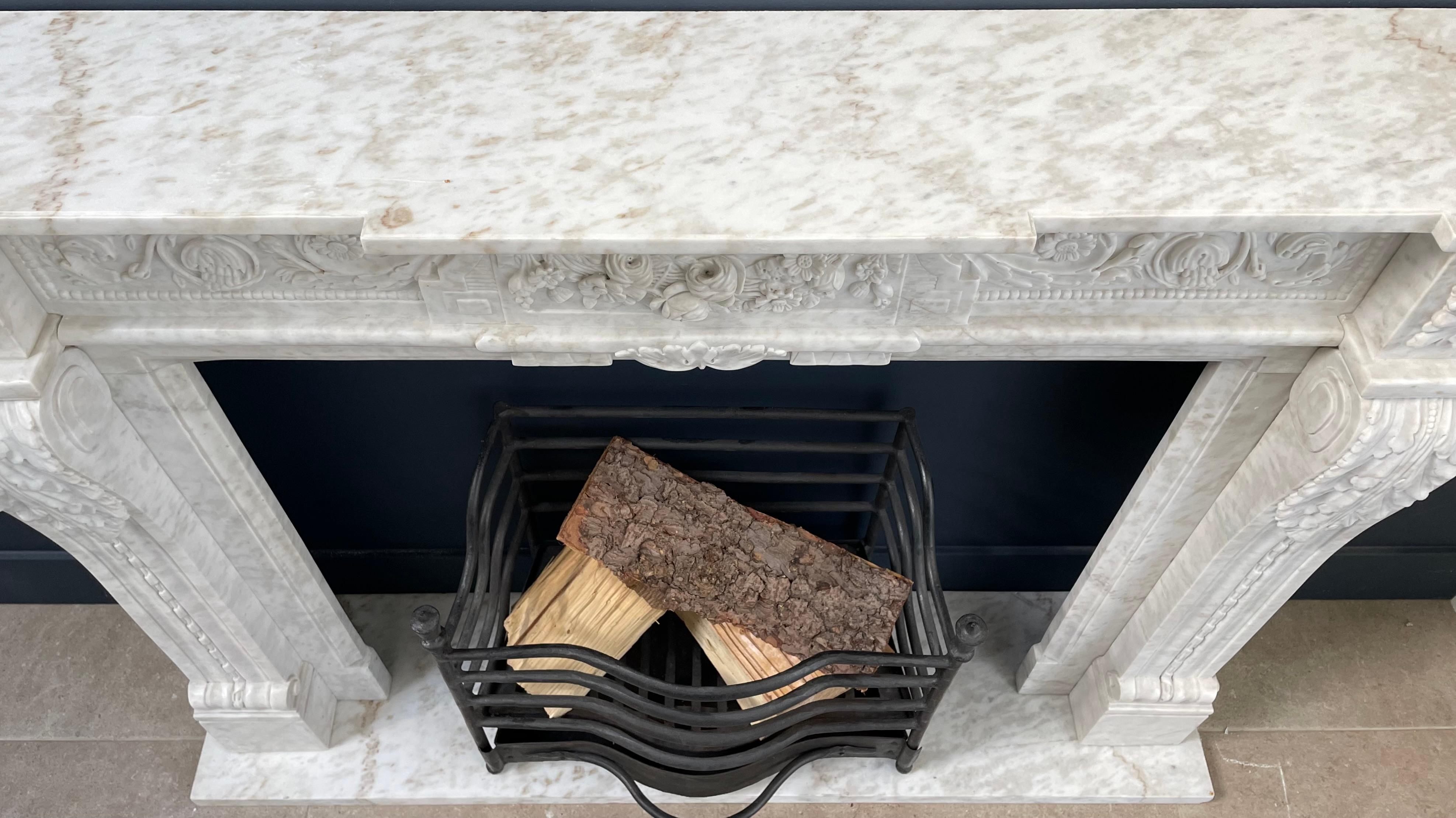 Richly Detailed French Carrara Marble Fireplace Surround  For Sale 6