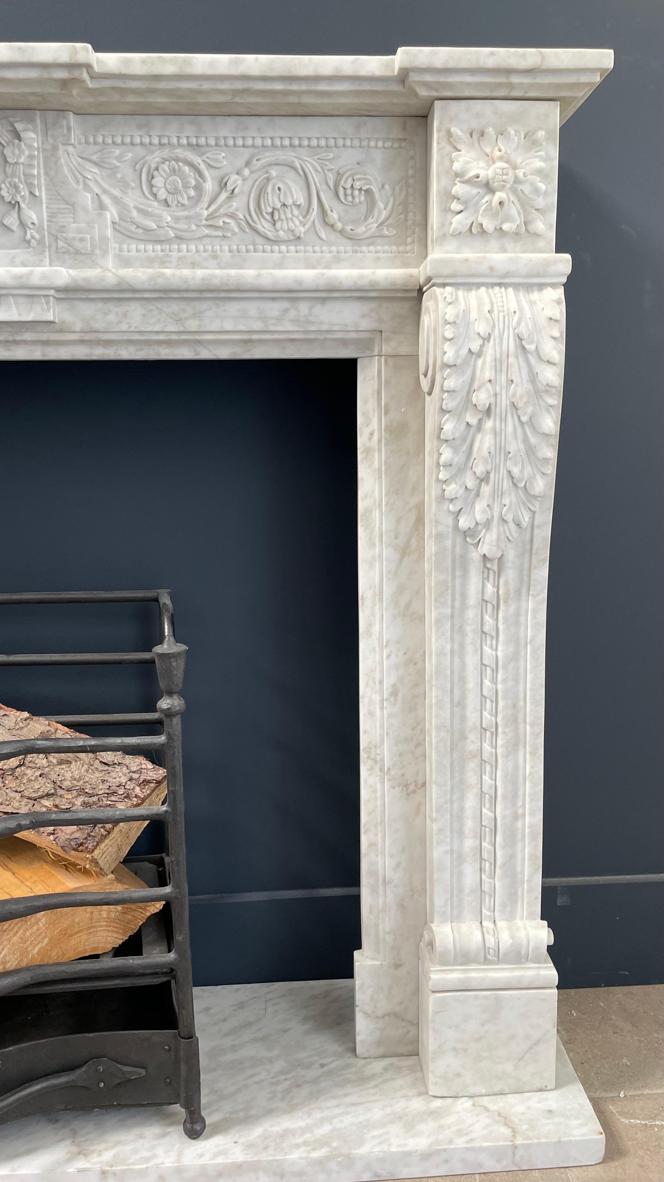 Richly Detailed French Carrara Marble Fireplace Surround  For Sale 8