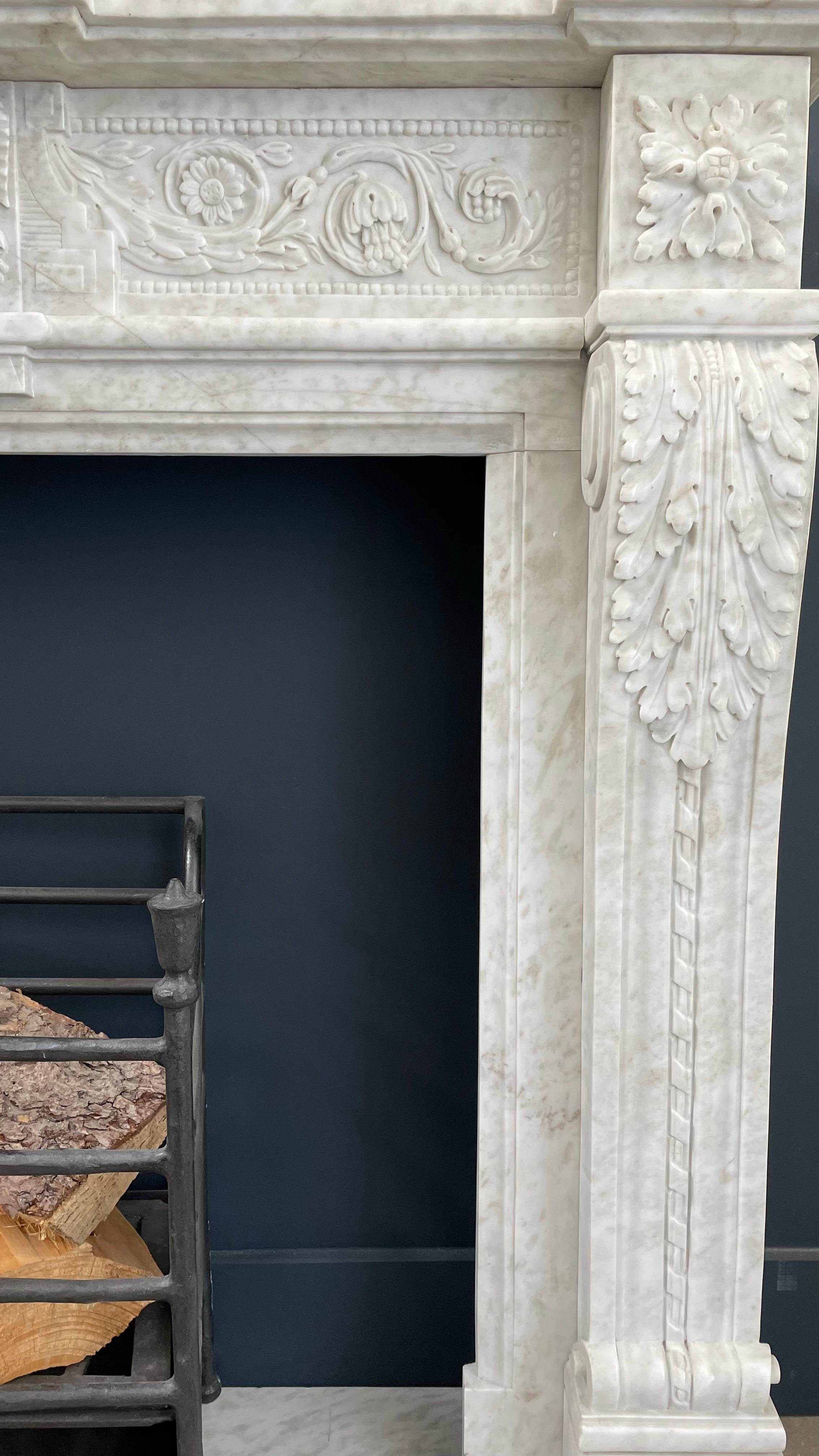 Louis XV Richly Detailed French Carrara Marble Fireplace Surround  For Sale