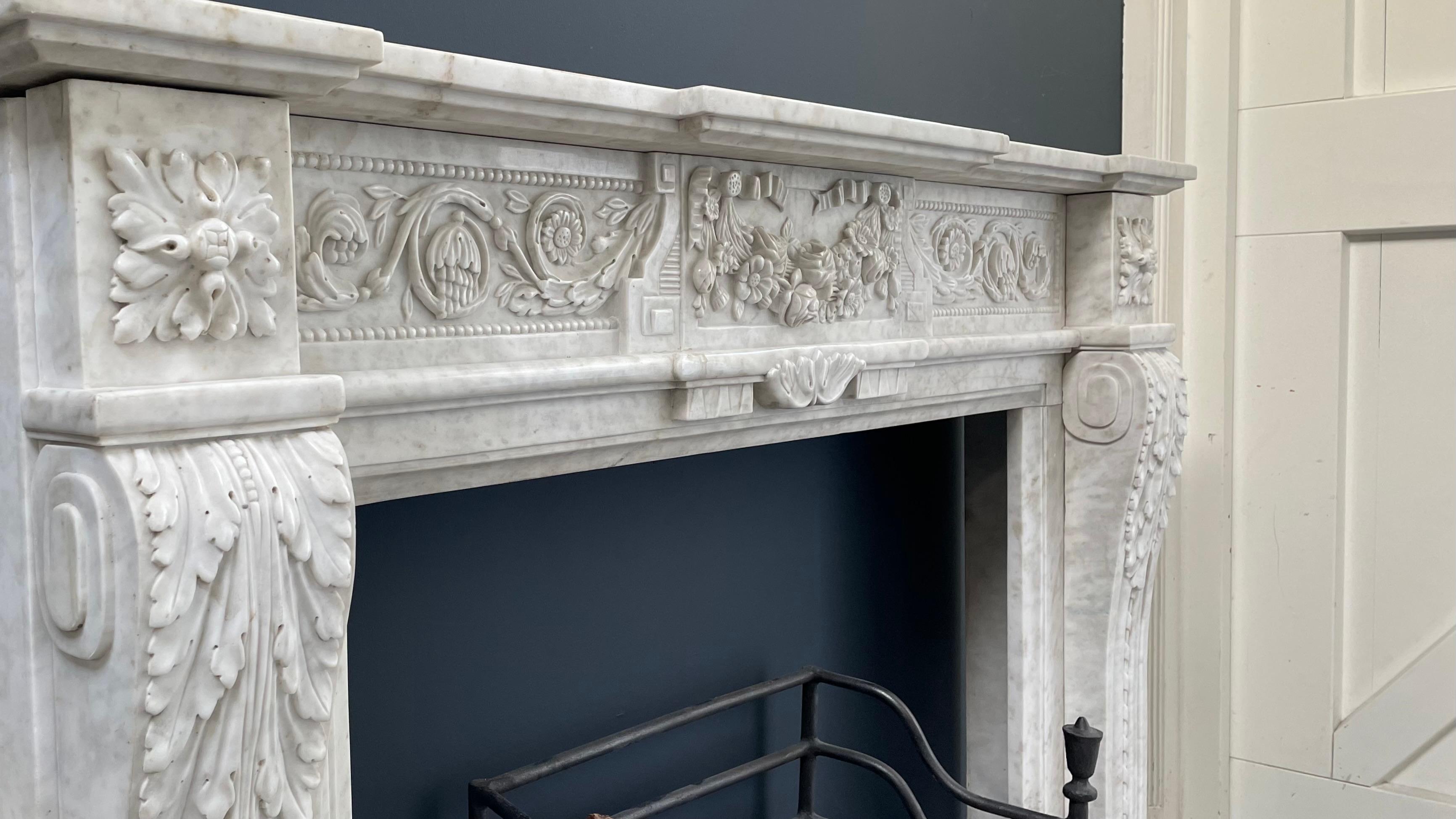 Richly Detailed French Carrara Marble Fireplace Surround  For Sale 1