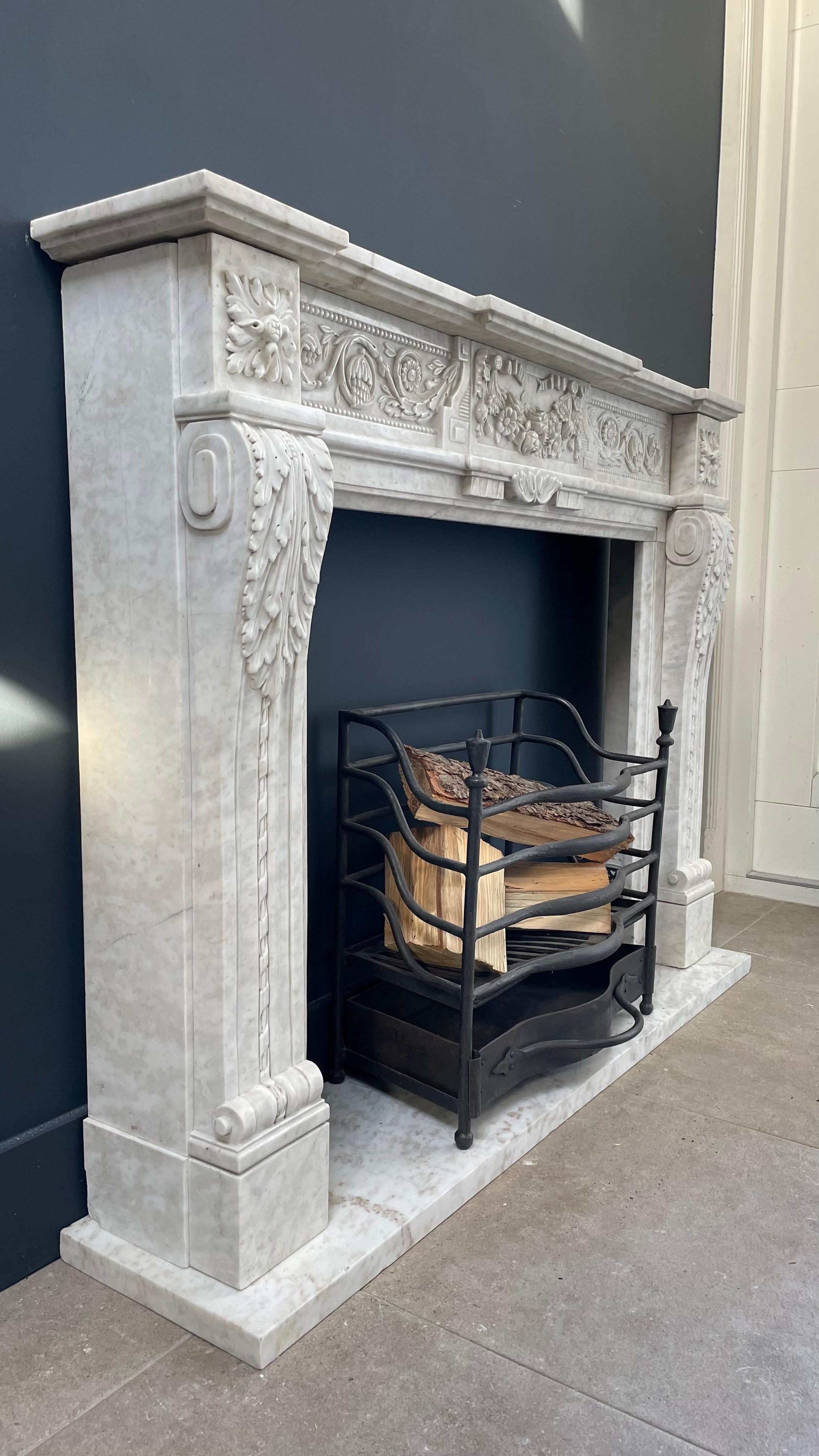 Richly Detailed French Carrara Marble Fireplace Surround  For Sale 2