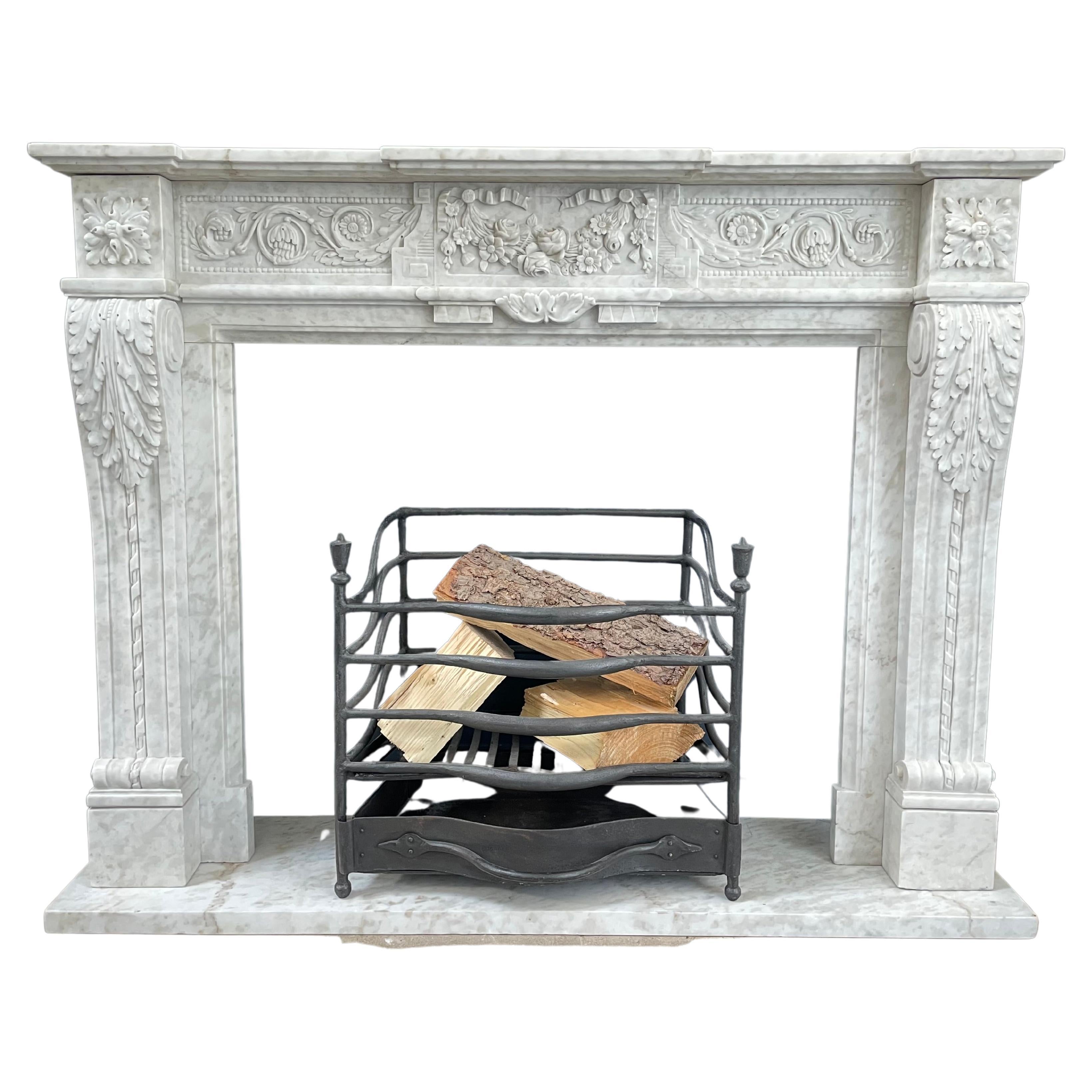 Richly Detailed French Carrara Marble Fireplace Surround 