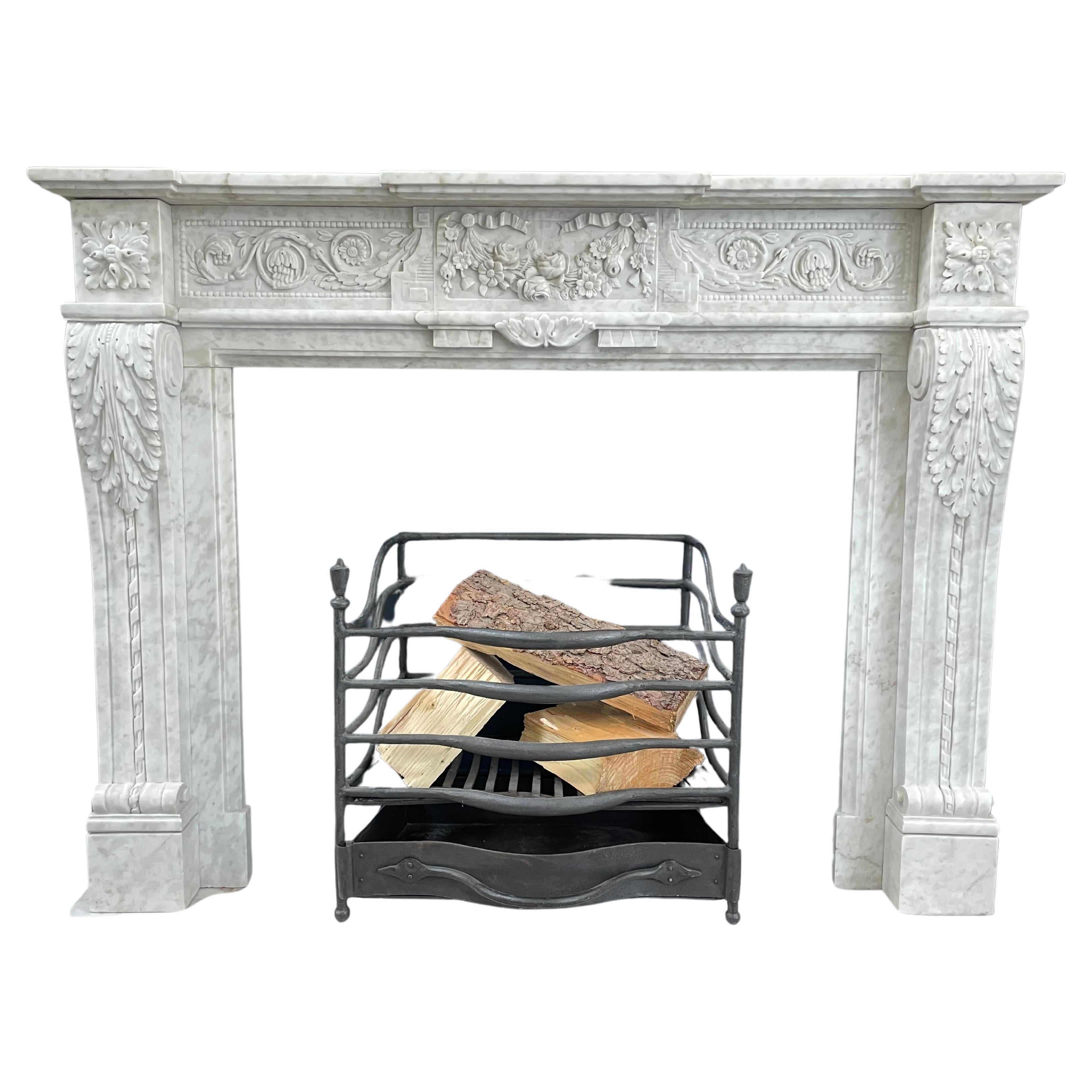 Richly Detailed French Carrara Marble Fireplace Surround 