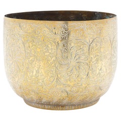 Richly engraved Persian brass cachepot / jardiniere, c. 1880-1900