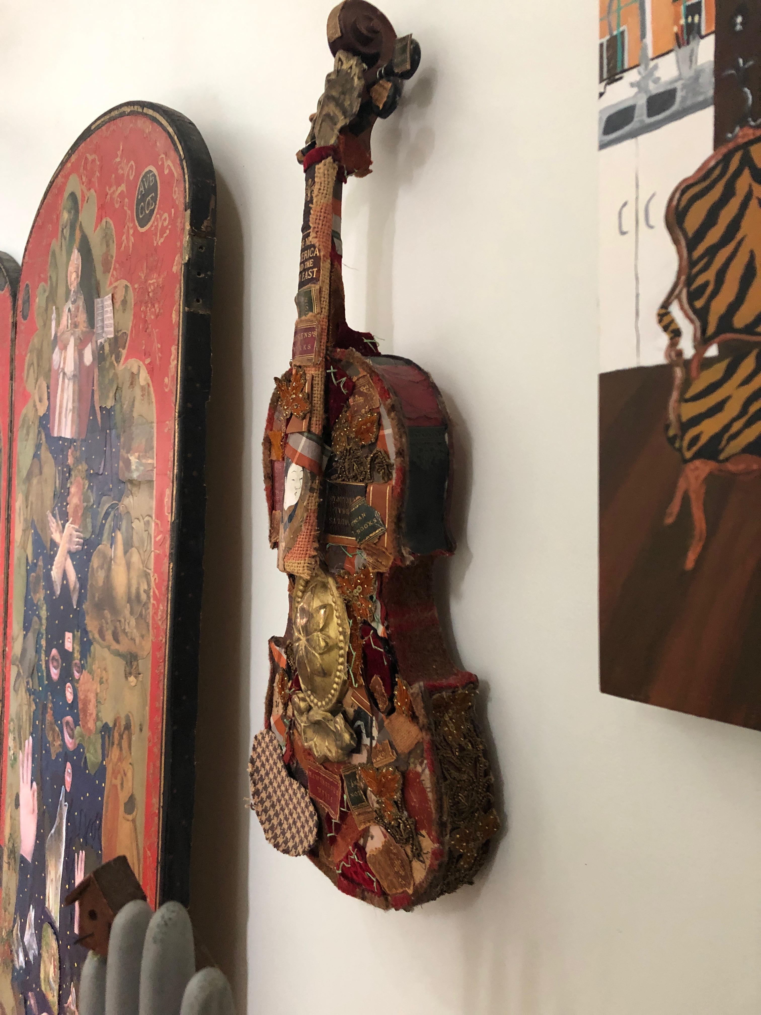 Richly Layered Collage Sculpture on Antique Violin Wall Sculpture 2