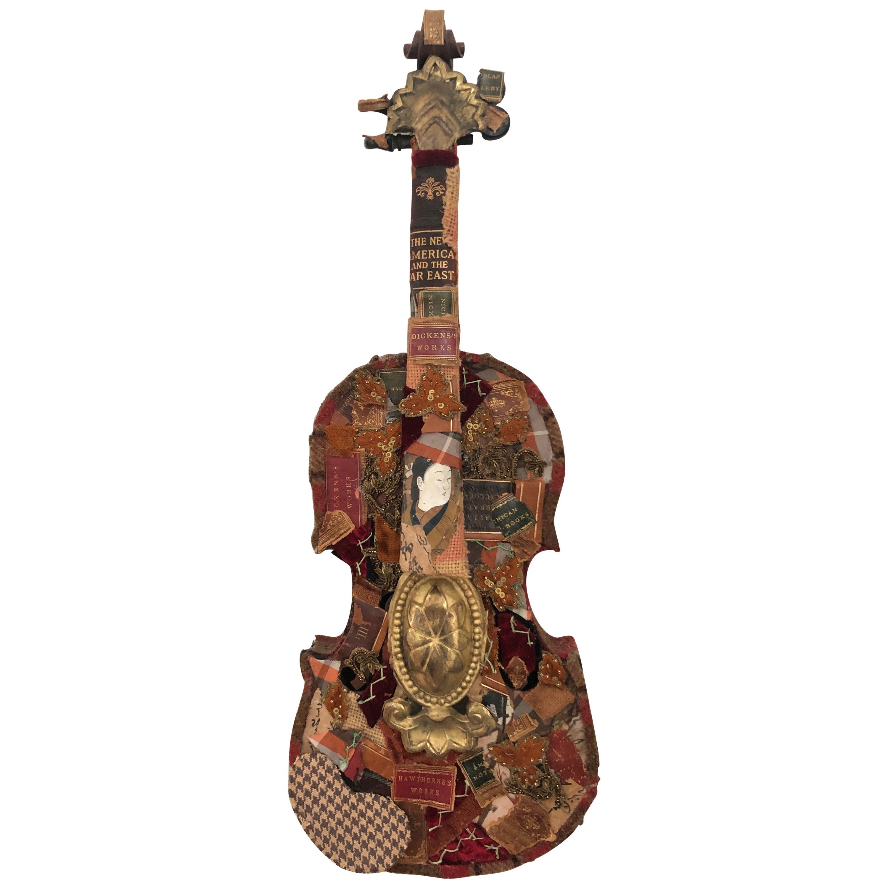 Richly Layered Collage Sculpture on Antique Violin Wall Sculpture