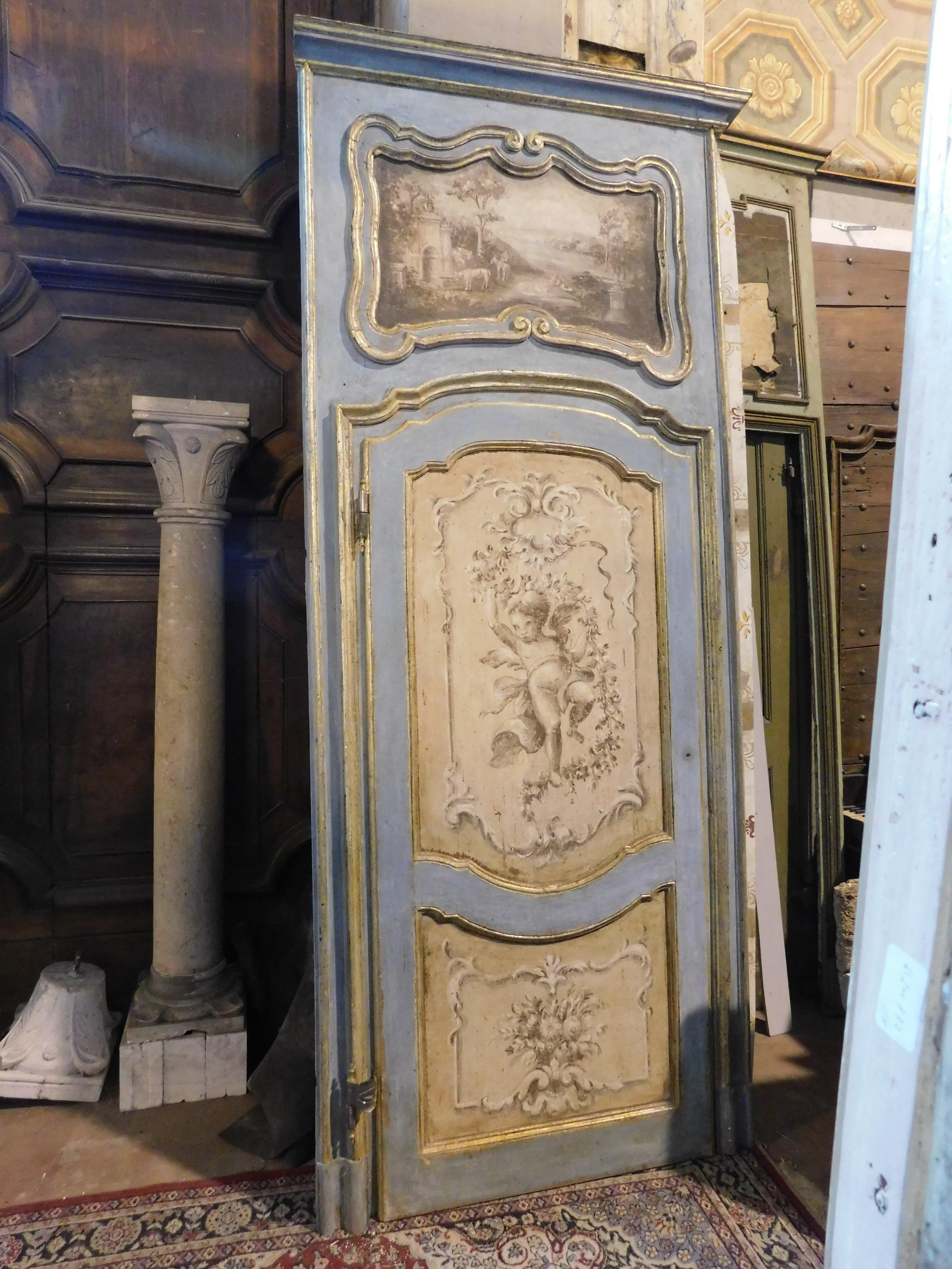 Italian Richly painted and gilded interior door with cherubs and overdoor, Italy For Sale