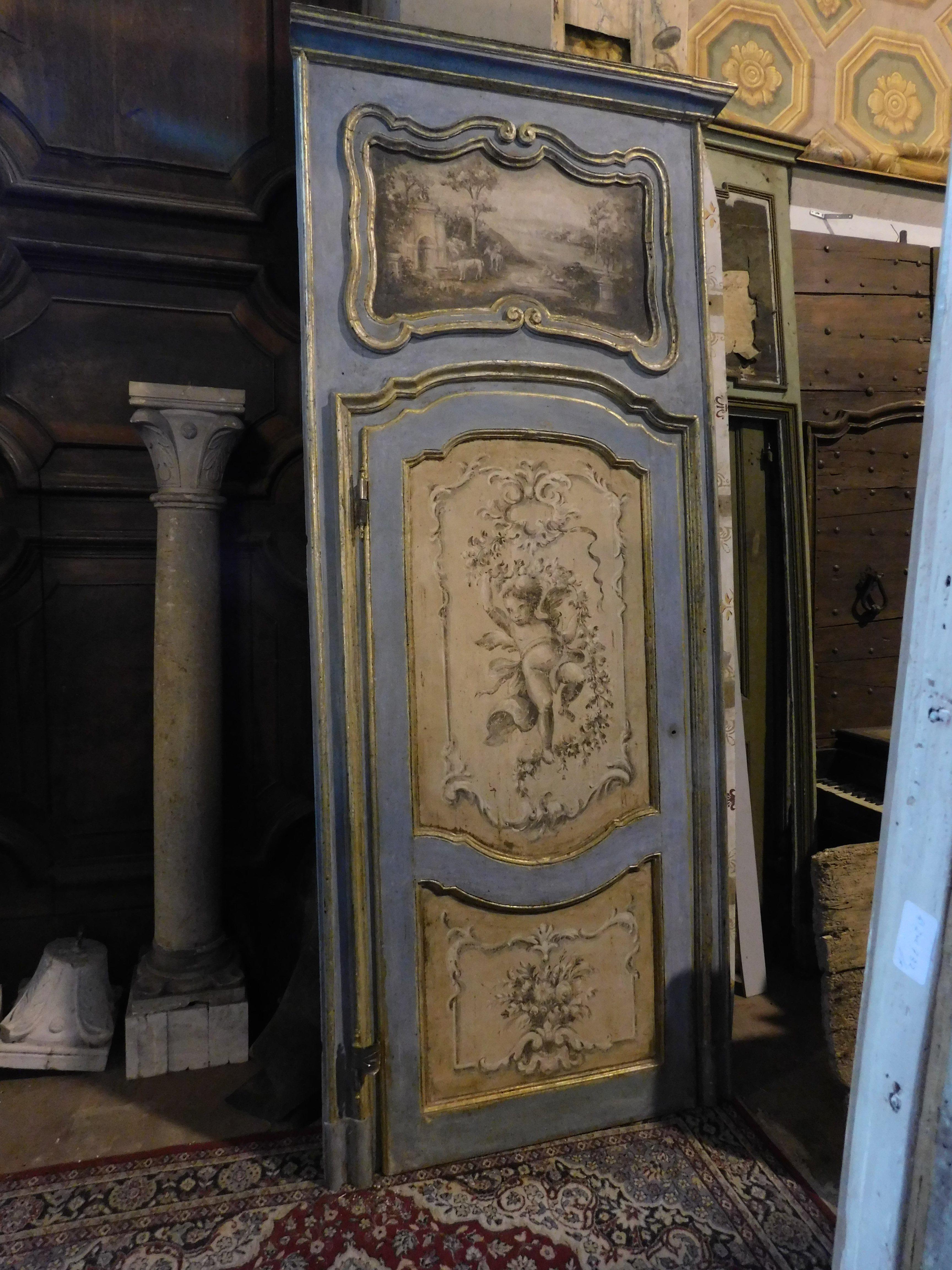 Richly painted and gilded interior door with cherubs and overdoor, Italy In Good Condition For Sale In Cuneo, Italy (CN)