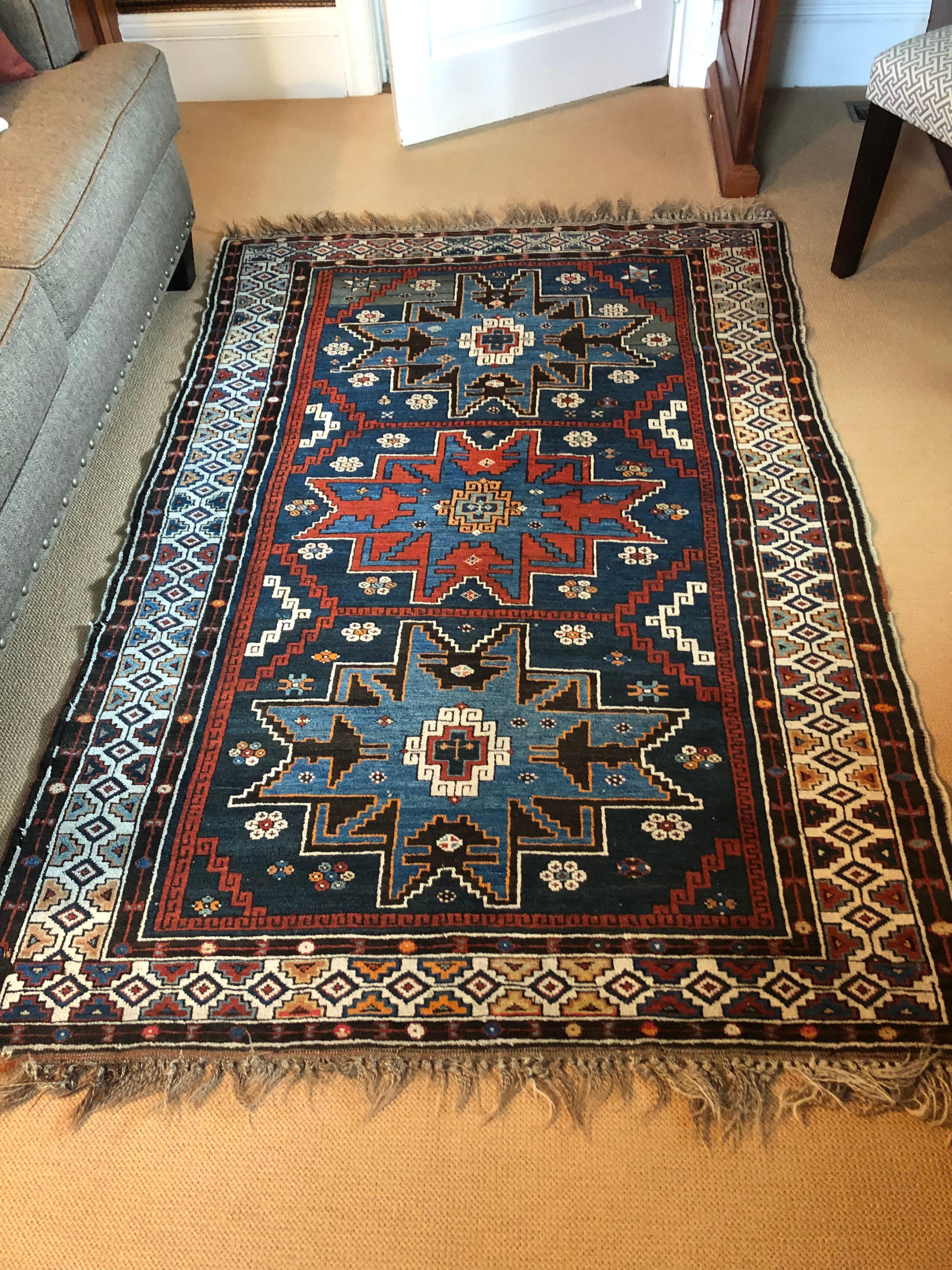 Early 20th Century Richly Patterned Antique Area Rug in Blues and Cranberry