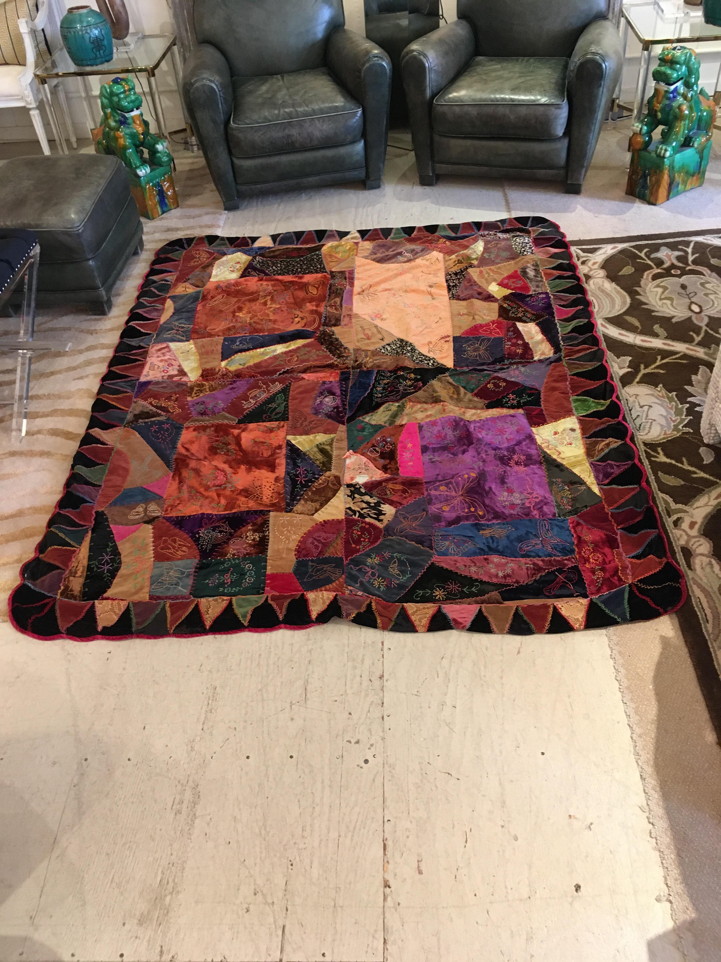 A meticulously detailed richly patterned antique crazy quilt with gorgeous mix of colors and textures. Two matching pillows included. 
32 x 18 pillows.