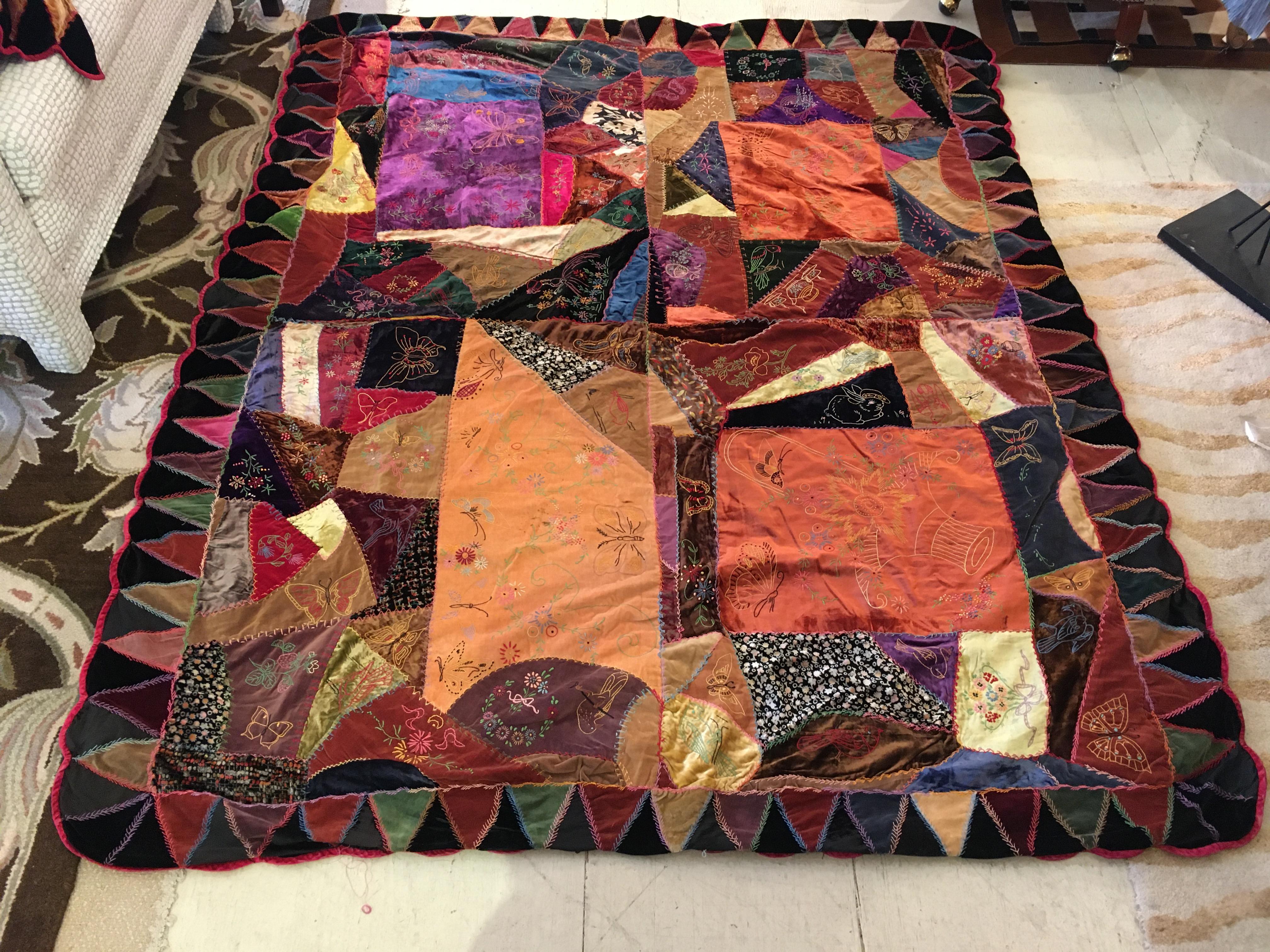 North American Richly Patterned Antique Crazy Quilt and Two Pillows For Sale
