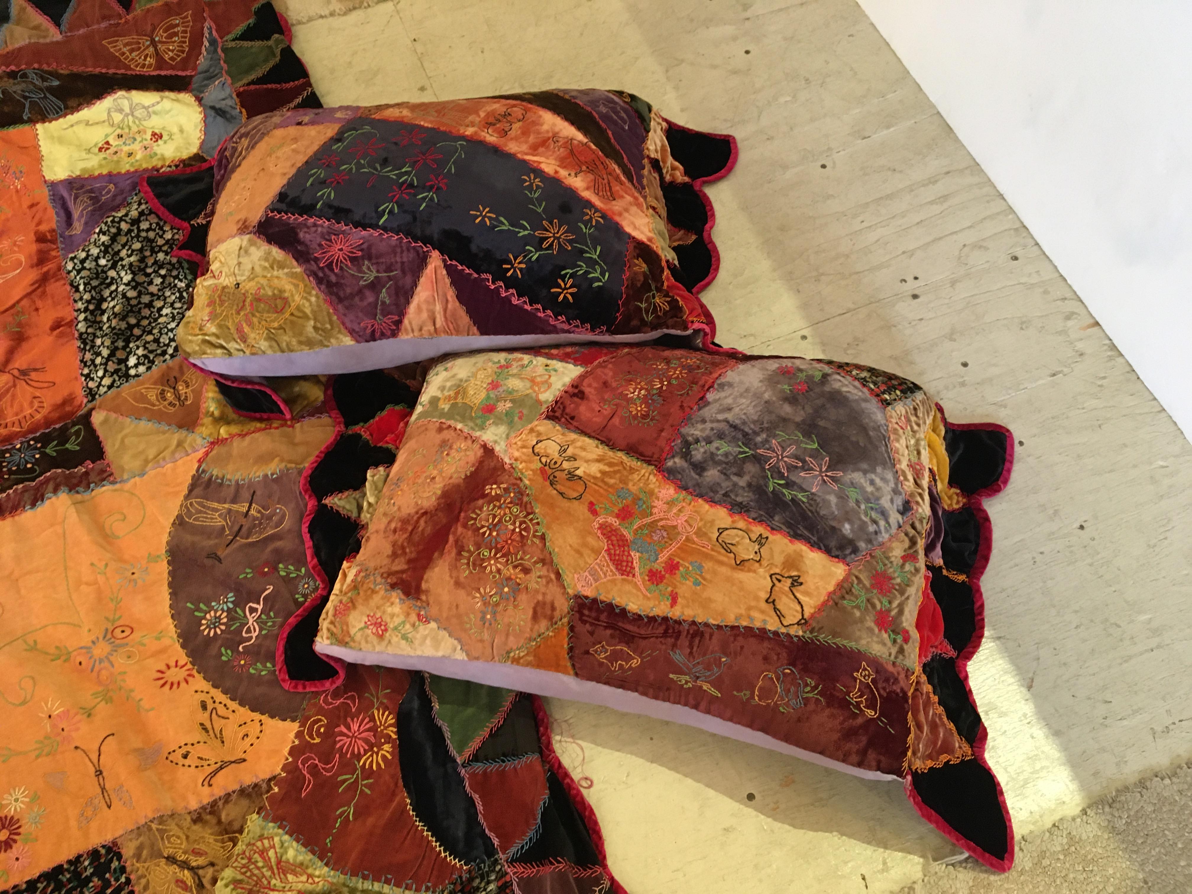 Richly Patterned Antique Crazy Quilt and Two Pillows In Good Condition For Sale In Hopewell, NJ